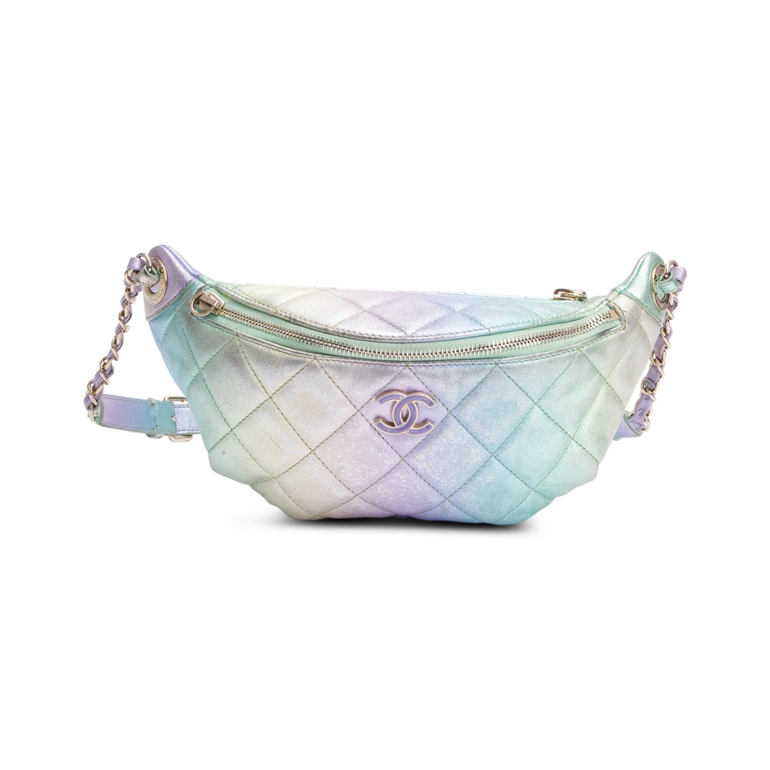 Chanel 2024 Iridescent Rainbow Metallic Quilted Calfskin Leather Belt Bag w/ Box