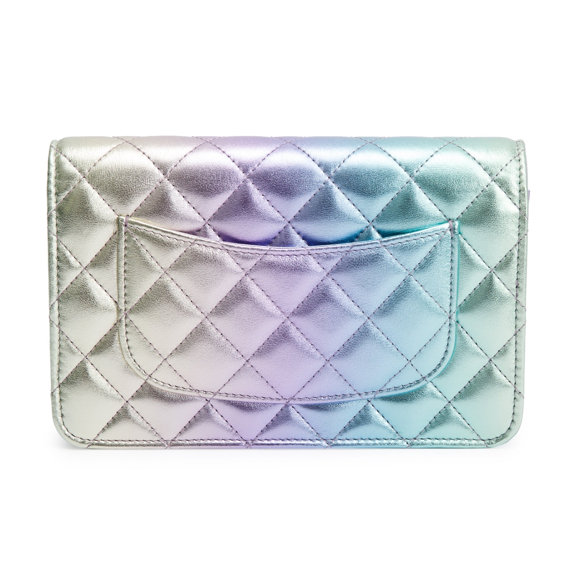 Chanel 2024 Metallic Multicolor Rainbow Lambskin Leather Strass Wallet on Chain w/ Box
