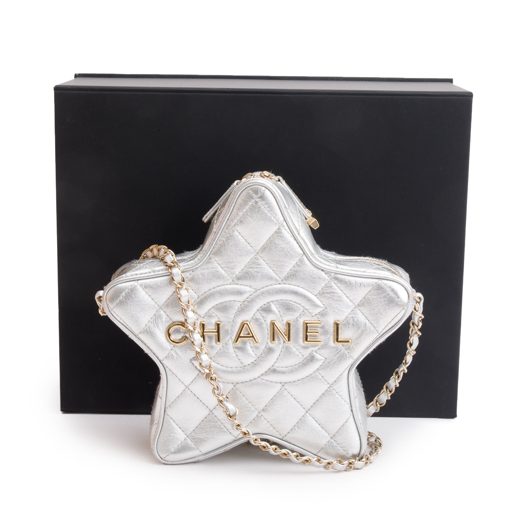 Chanel 2024 Metallic Silver Leather Walk Of Fame Star Crossbody Bag w/ Box