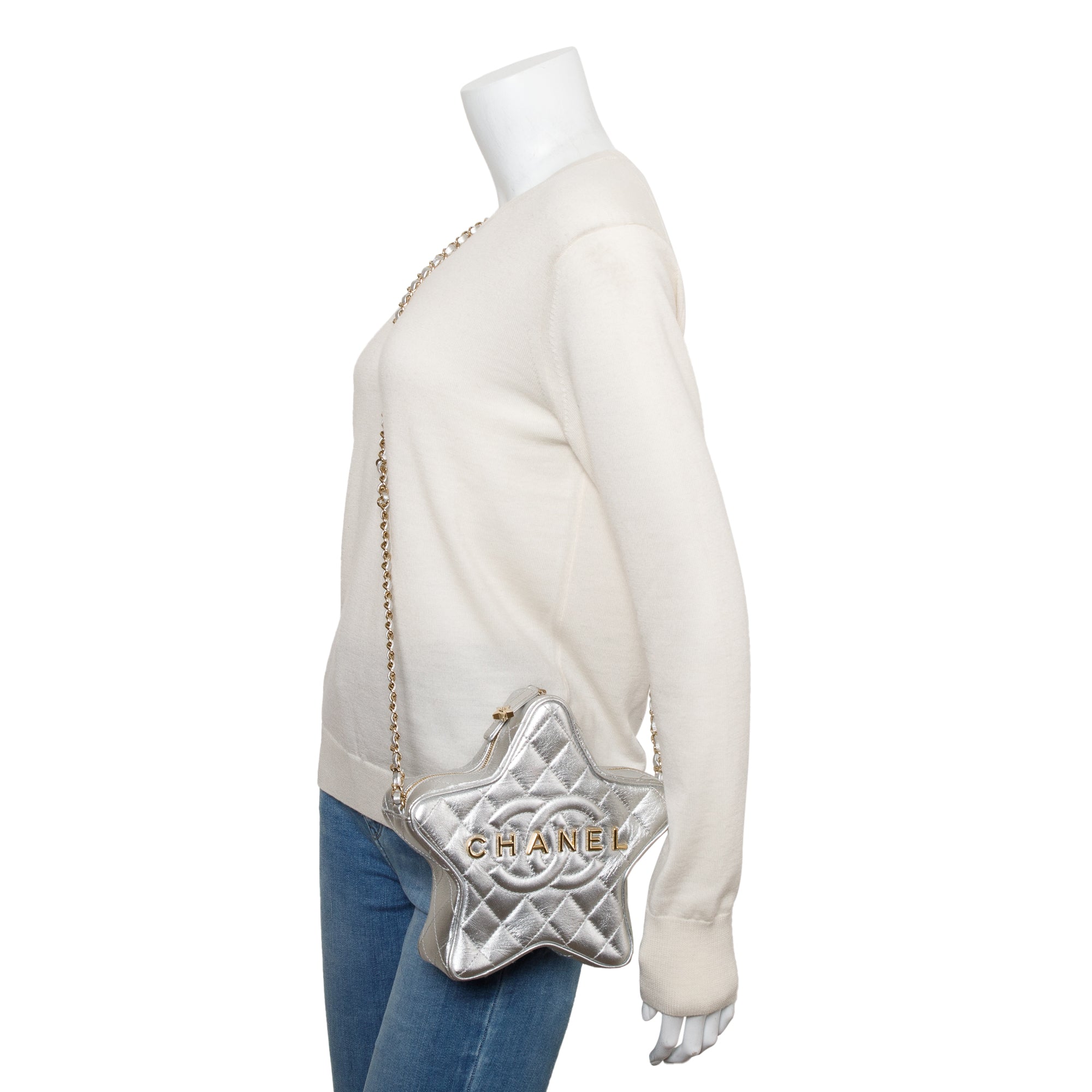 Chanel 2024 Metallic Silver Leather Walk Of Fame Star Crossbody Bag w/ Box