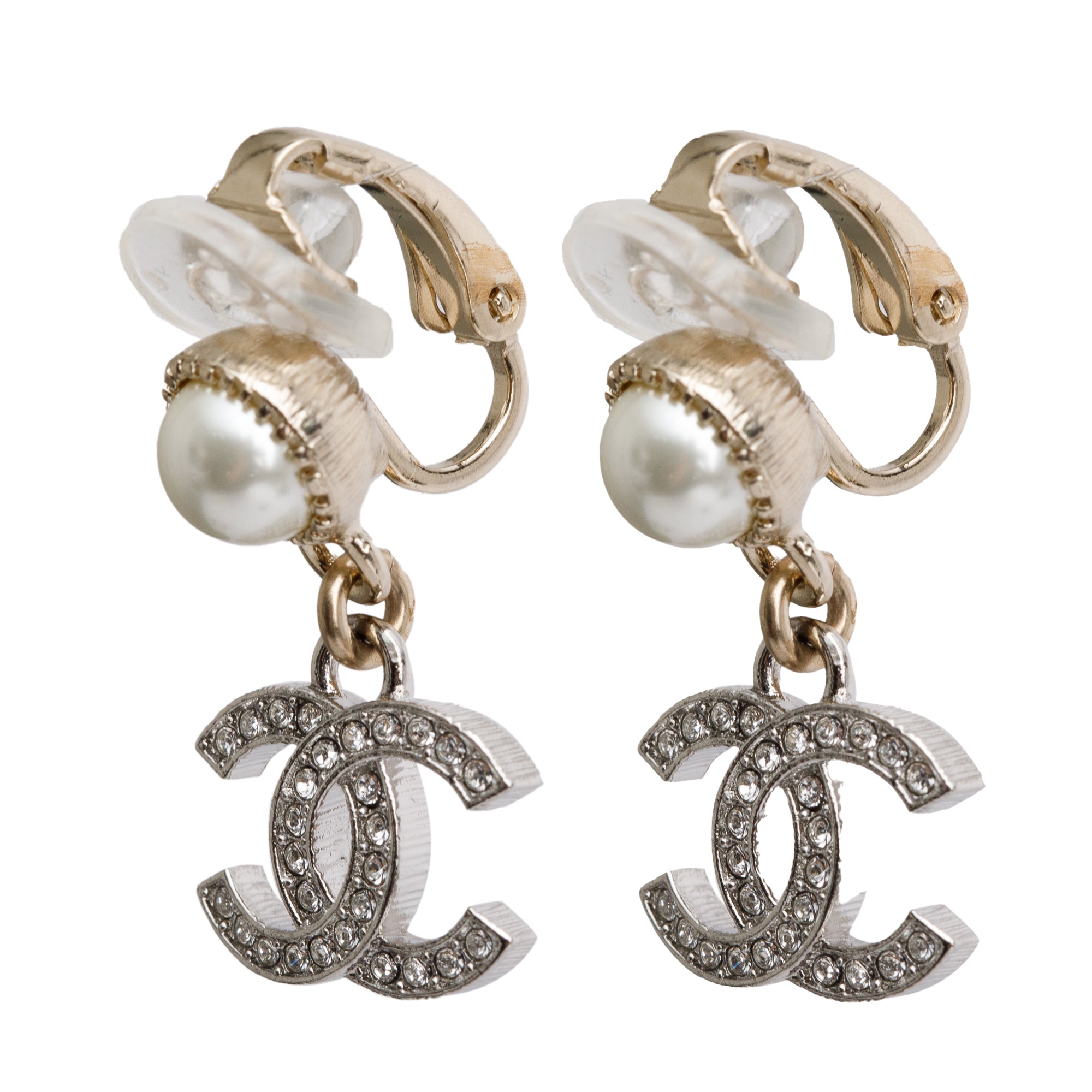 Chanel 2024 Palladium Plated Faux Pearl & Strass CC Drop Clip-On Earrings w/ Box