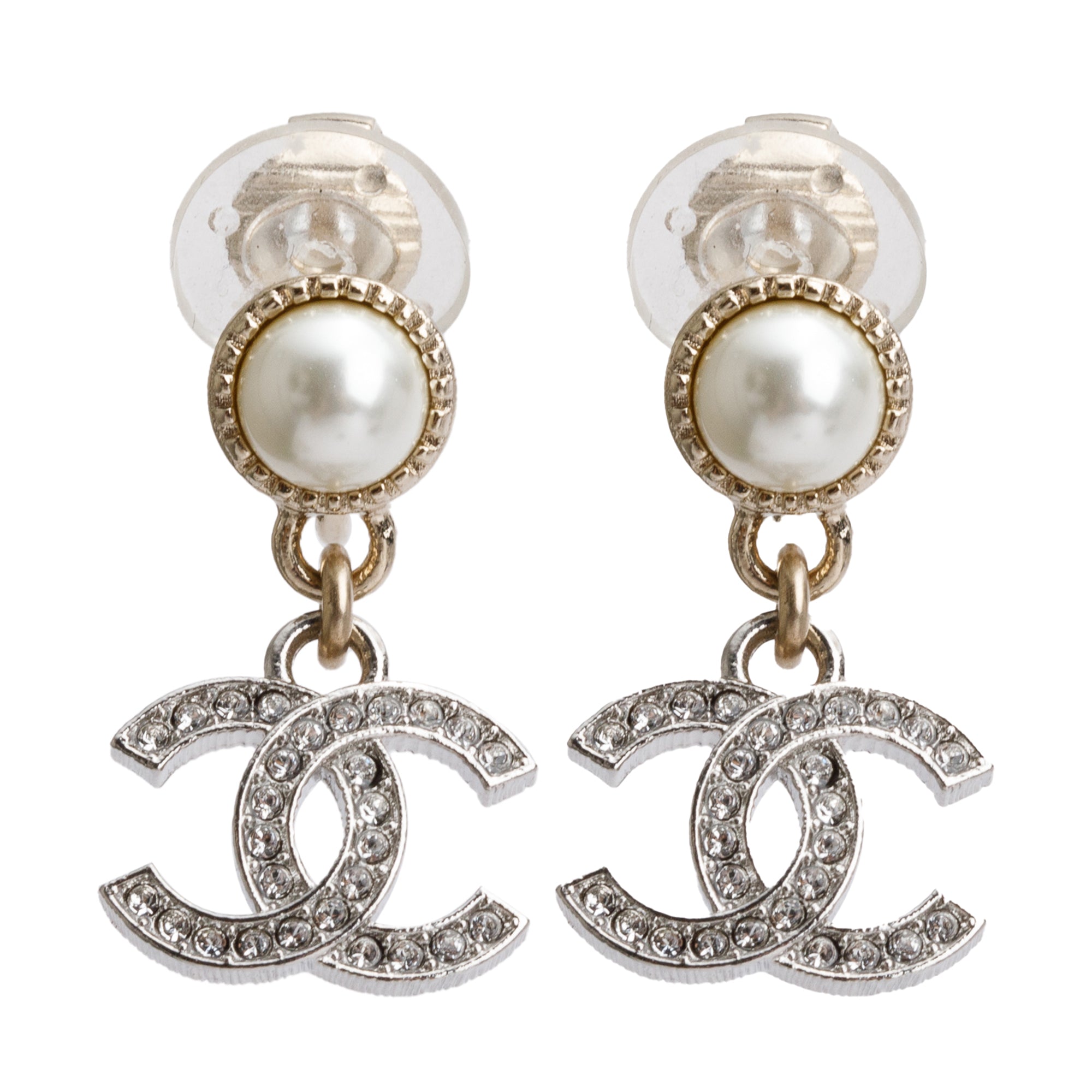 Chanel 2024 Palladium Plated Faux Pearl & Strass CC Drop Clip-On Earrings w/ Box
