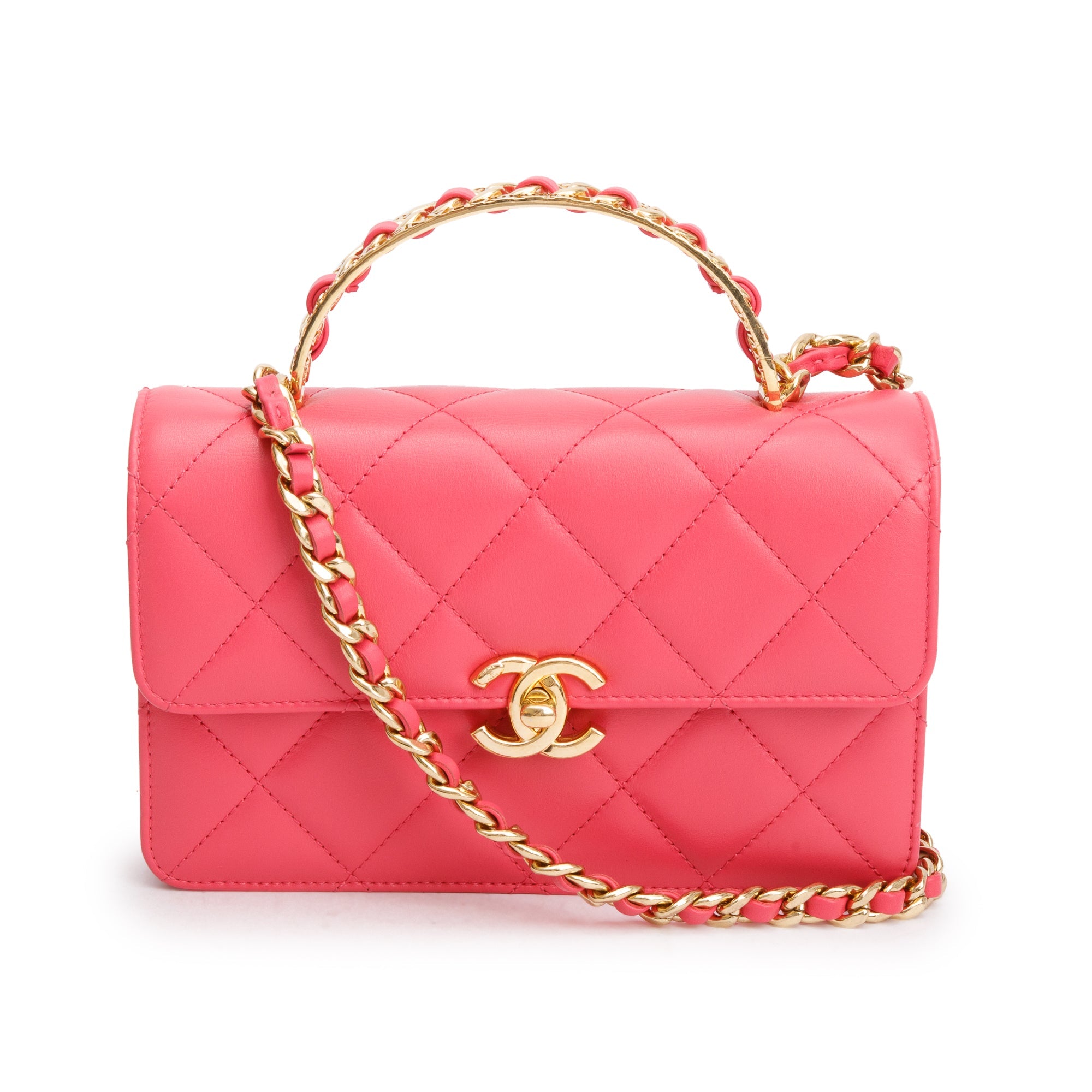 Chanel 2024 Pink Lambskin Mini Flap Bag w/ Top Handle & Box