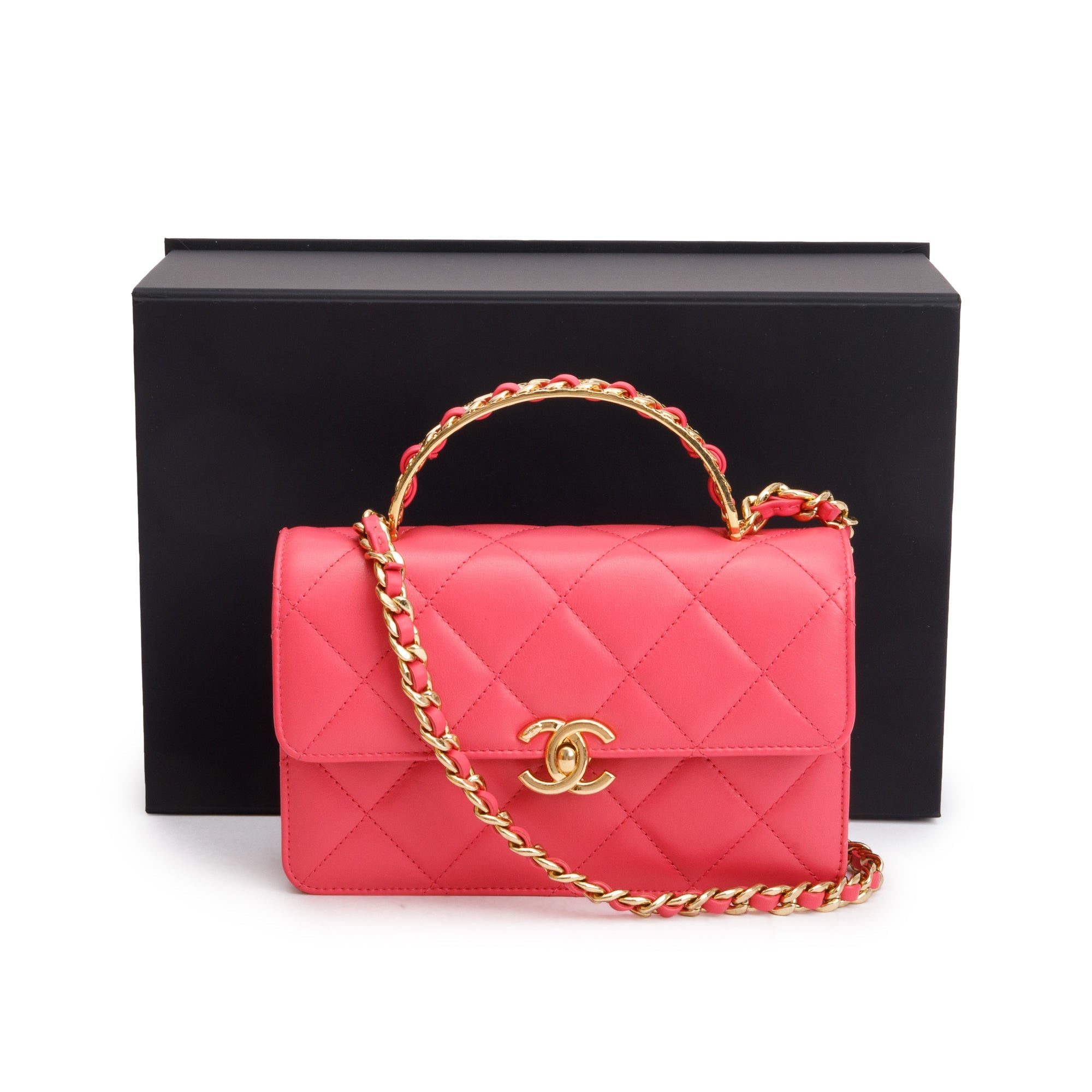 Chanel 2024 Pink Lambskin Mini Flap Bag w/ Top Handle & Box