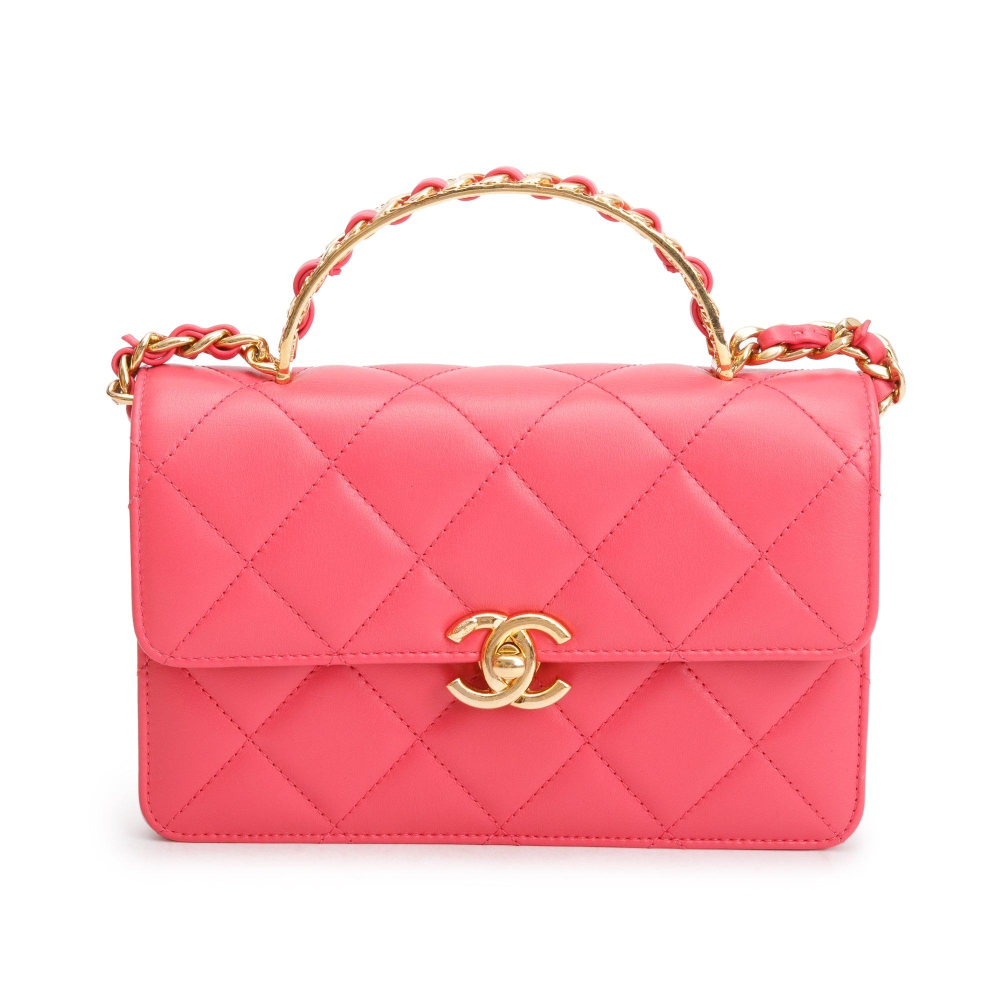 Chanel 2024 Pink Lambskin Mini Flap Bag w/ Top Handle & Box
