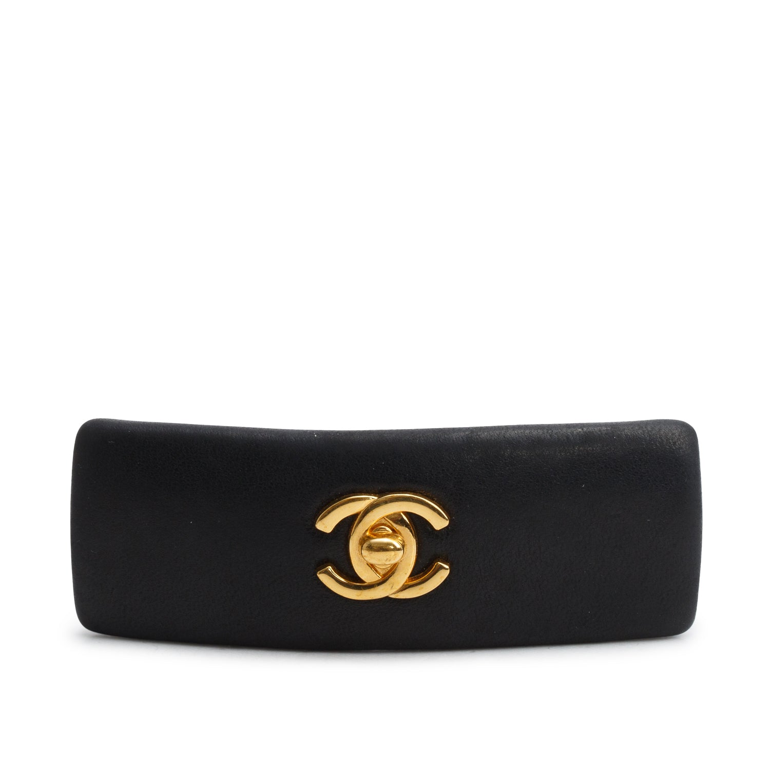 Chanel Black Leather Gold Plated CC Logo Hair Clip Barrette w/ Box