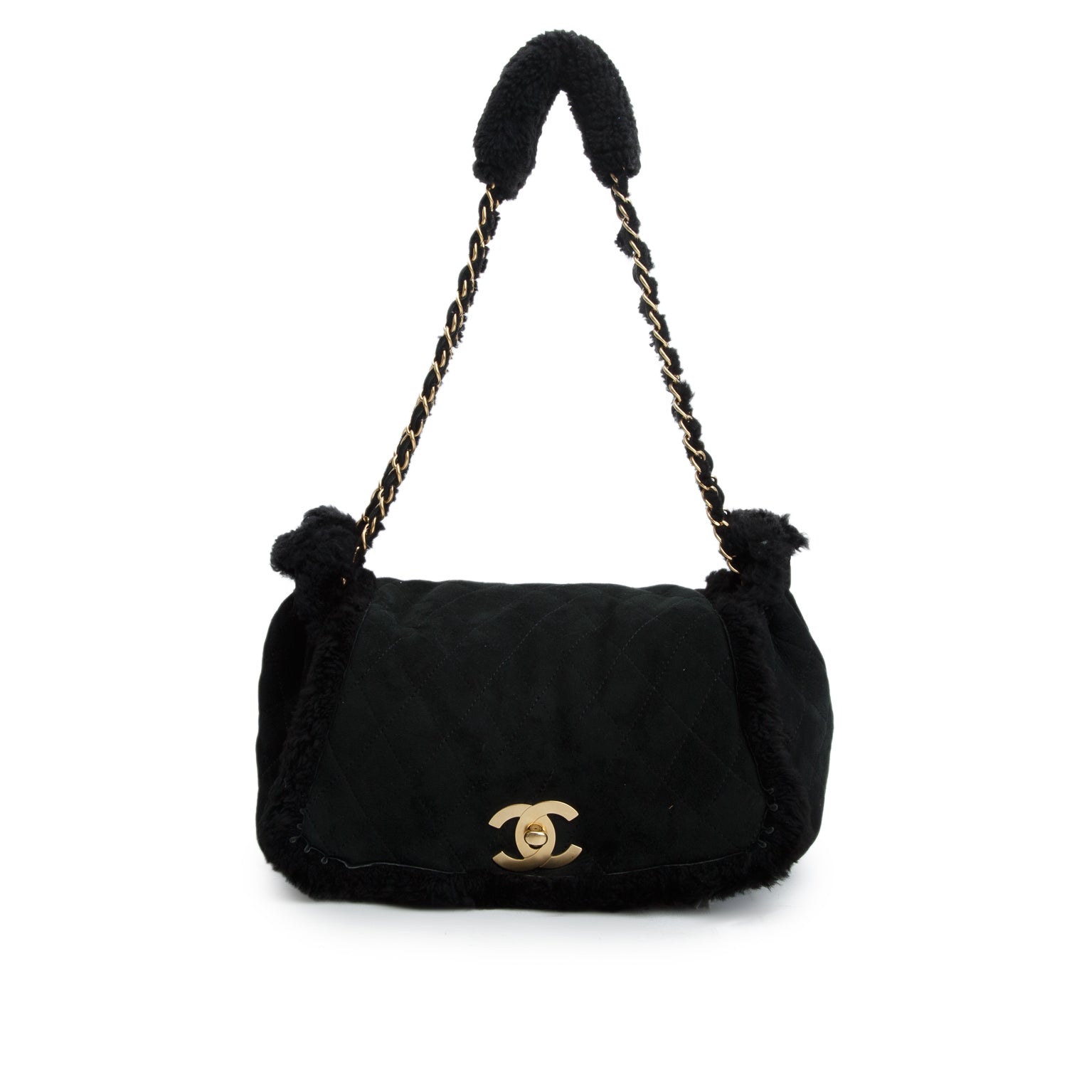 Chanel Black Quilted Nubuck Shearling CC Flap Bag