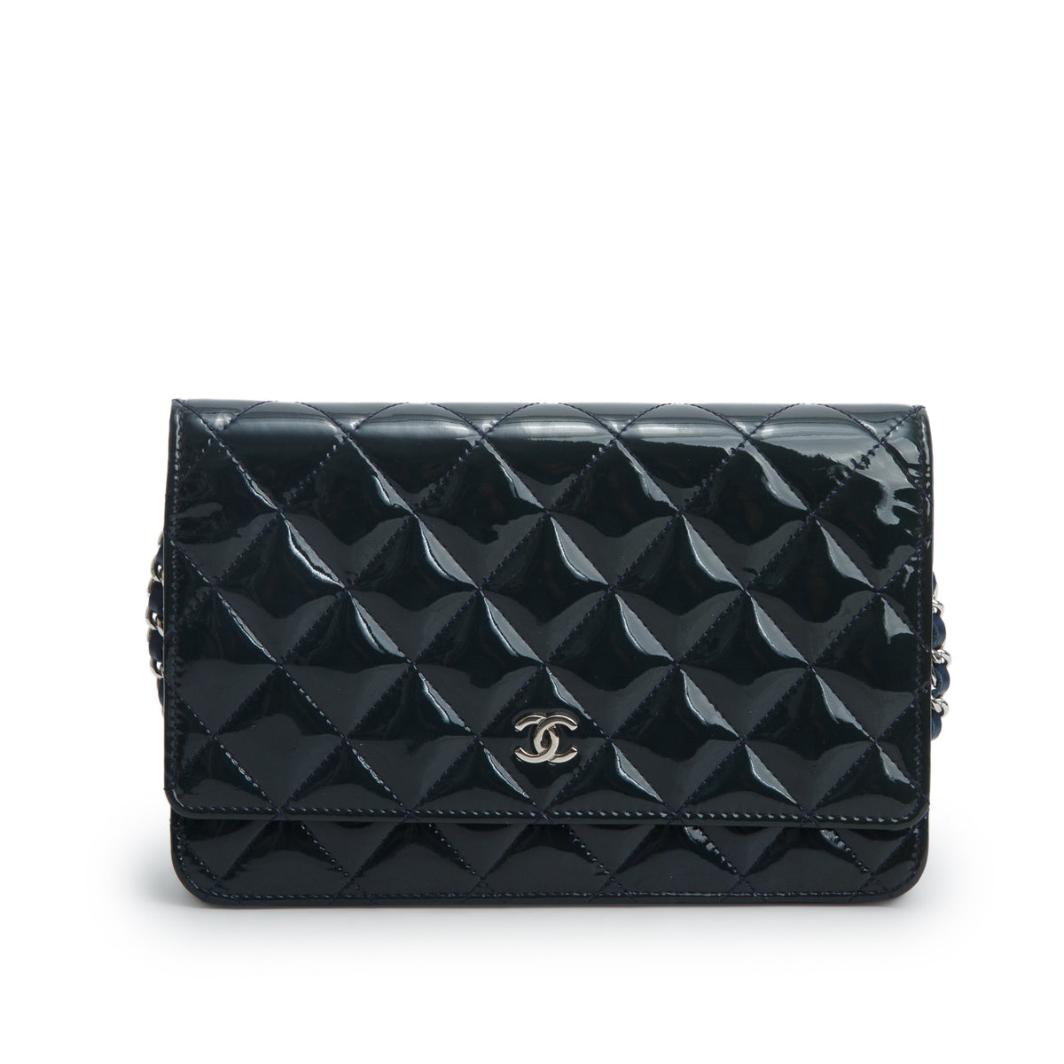 Chanel Blue Patent Leather Quilted Classic Wallet on Chain