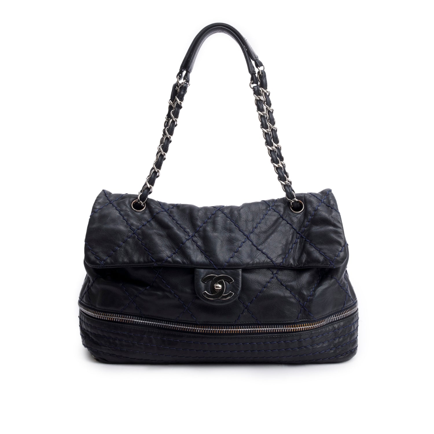 Chanel Navy Quilted Stitched Calfskin Leather Expandable Ligne Flap Bag