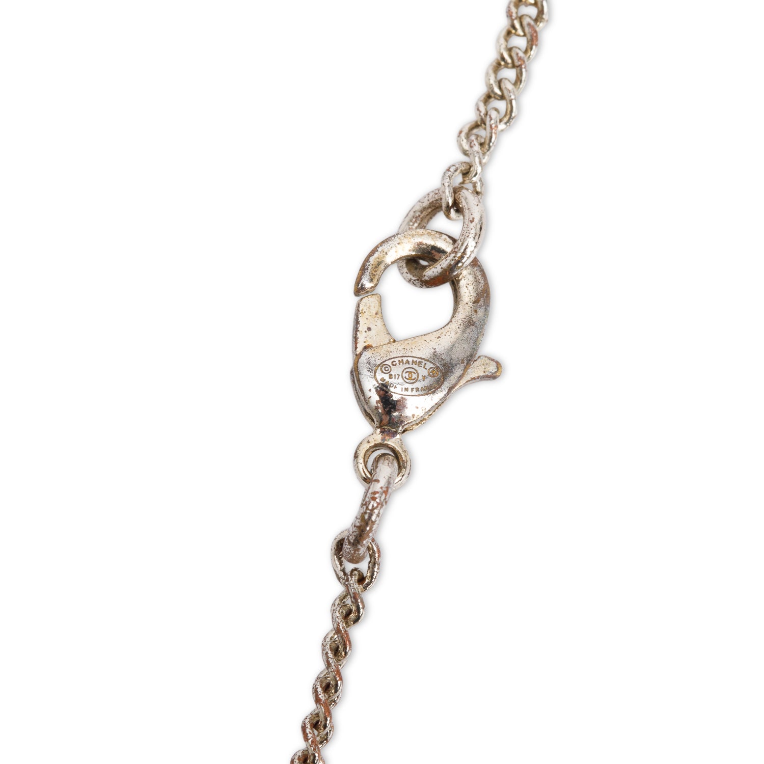 Chanel Palladium-Plated Faux Pearl CC Drop Pendant Necklace