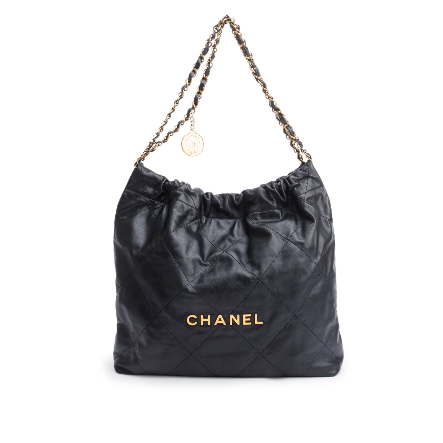 Chanel Black Shiny Calfskin Leather Small Chanel 22 Hobo w/ Pouch