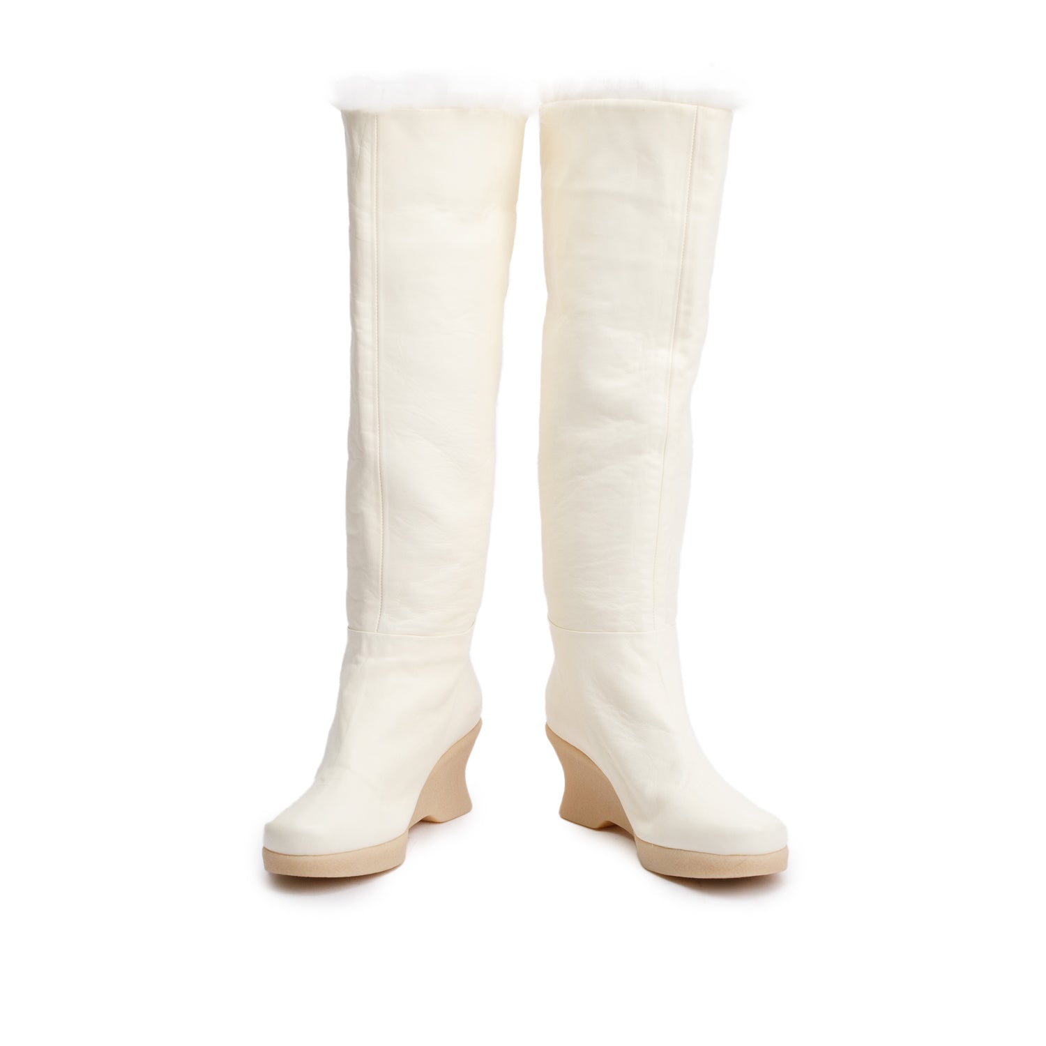 Chanel White Leather Faux Fur Interlocking CC Logo High Boots, Size 36