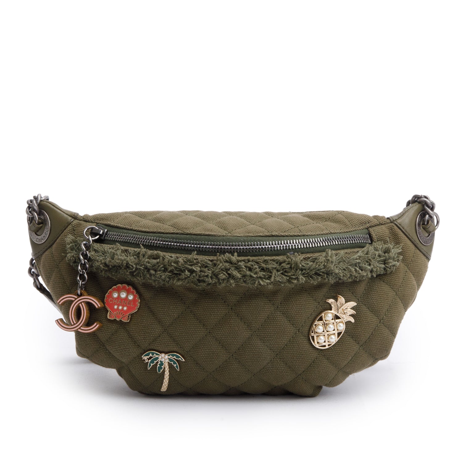 Chanel Khaki Canvas & Lambskin Leather Quilted Cocco Cuba Charms Waist Bag