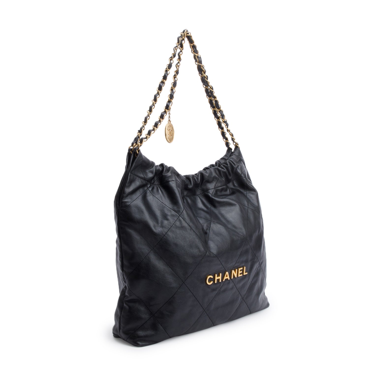 Chanel Black Shiny Calfskin Leather Small Chanel 22 Hobo w/ Pouch