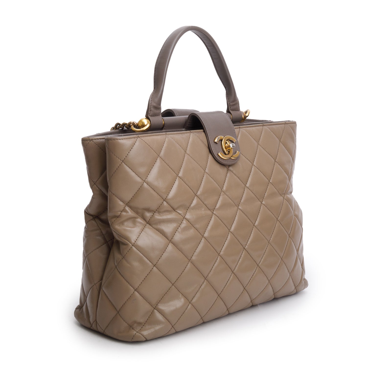 Chanel Grey Calfskin Quilted Large Gold Bar Top Handle Tote