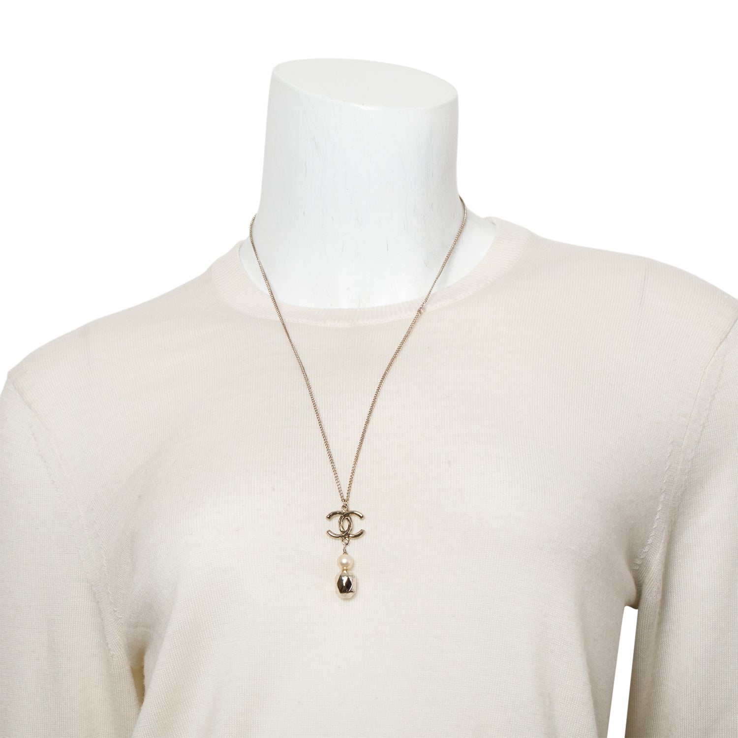 Chanel Palladium-Plated Faux Pearl CC Drop Pendant Necklace