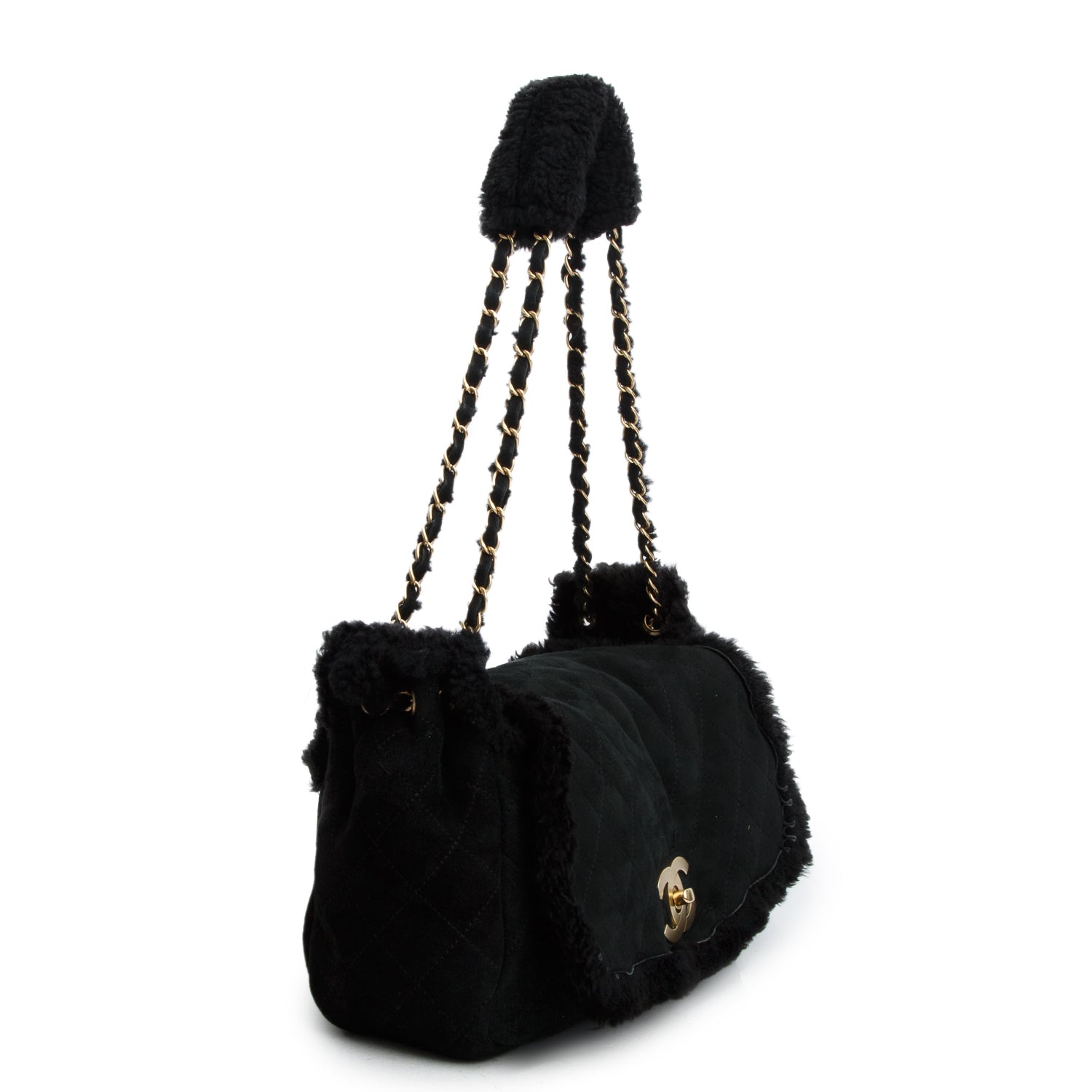 Chanel Black Quilted Nubuck Shearling CC Flap Bag