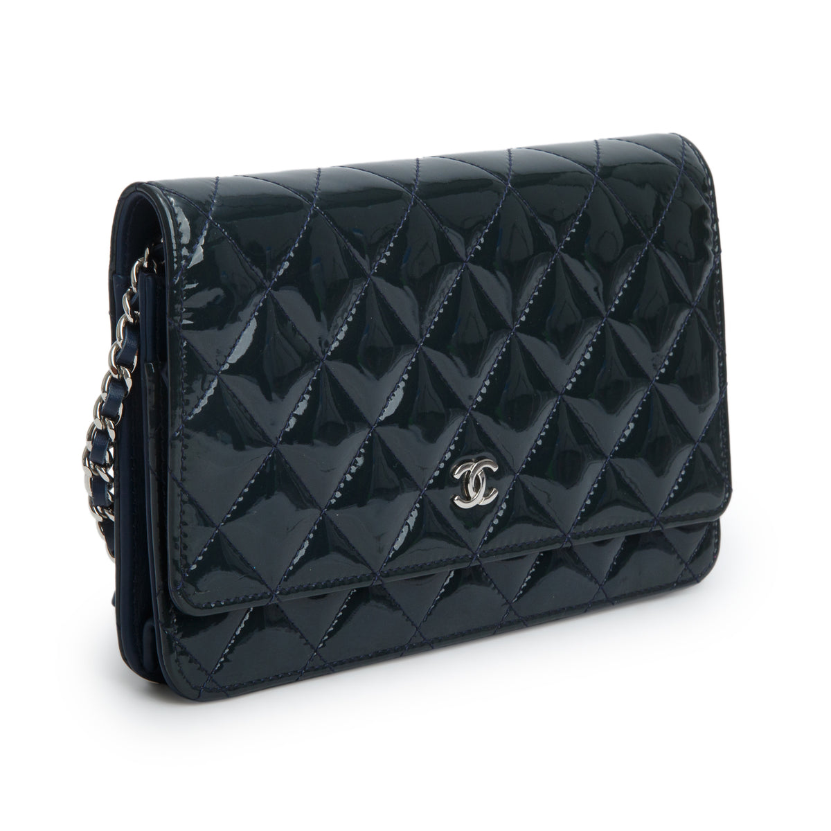 Chanel Blue Patent Leather Quilted Classic Wallet on Chain