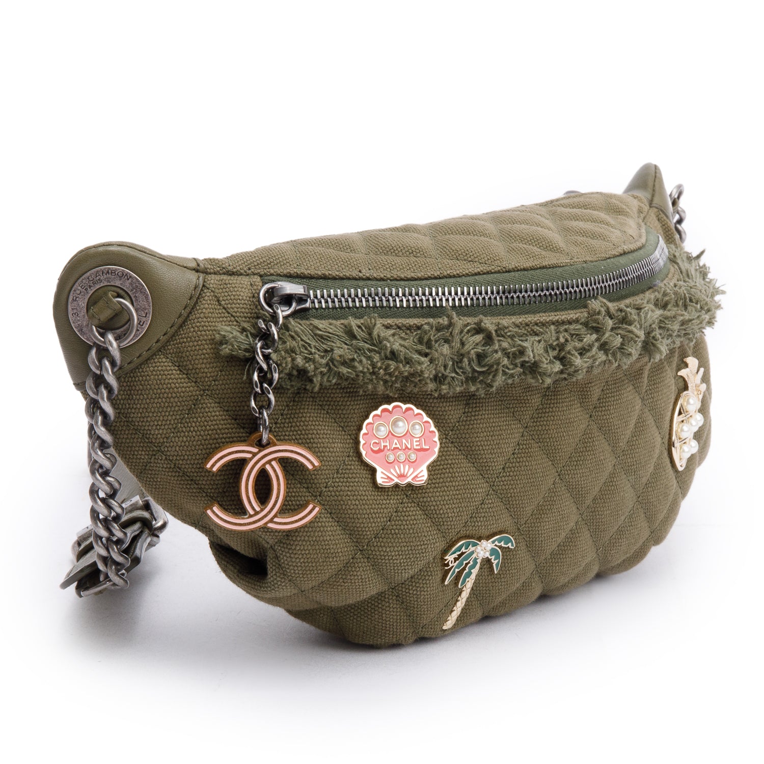 Chanel Khaki Canvas & Lambskin Leather Quilted Cocco Cuba Charms Waist Bag