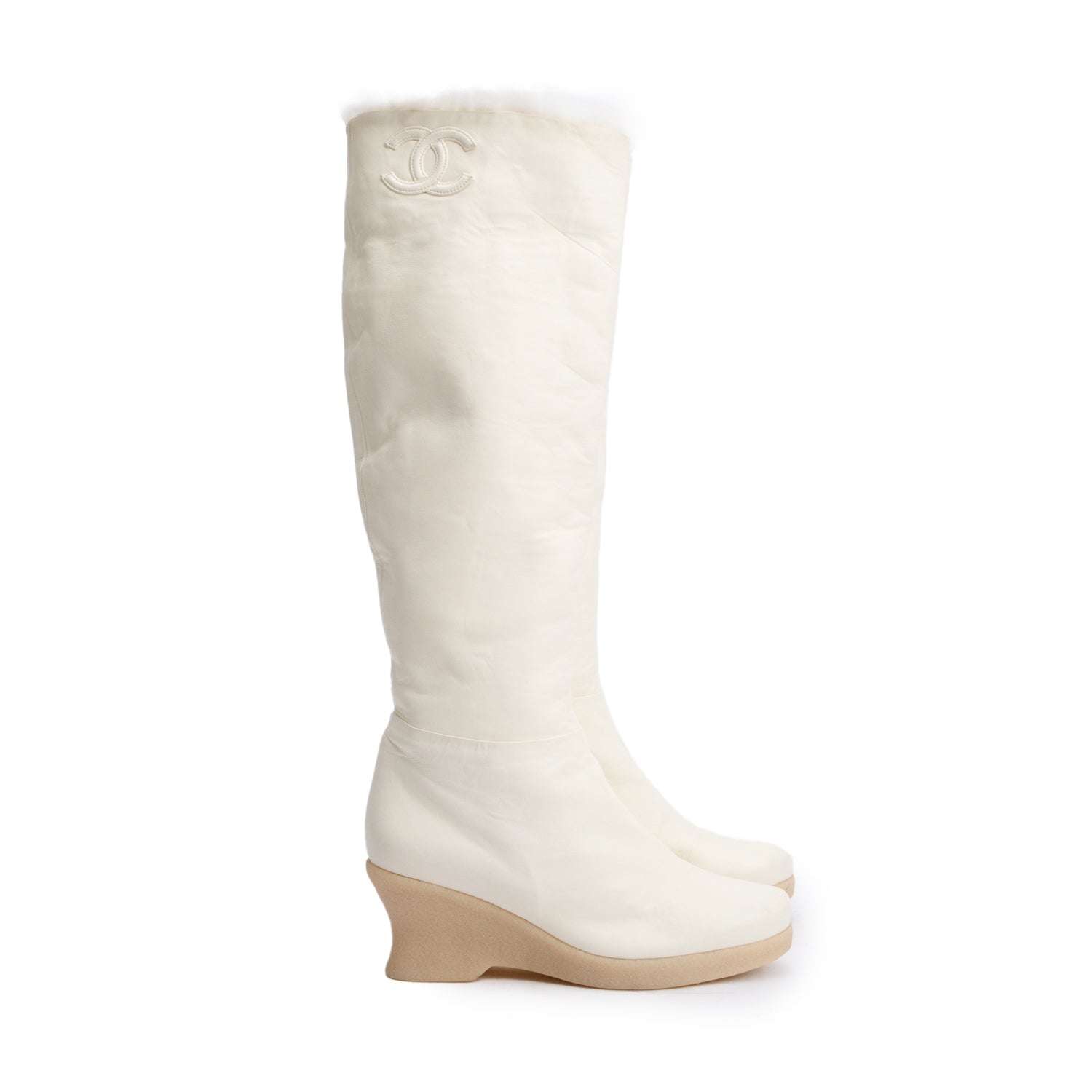 Chanel White Leather Faux Fur Interlocking CC Logo High Boots, Size 36