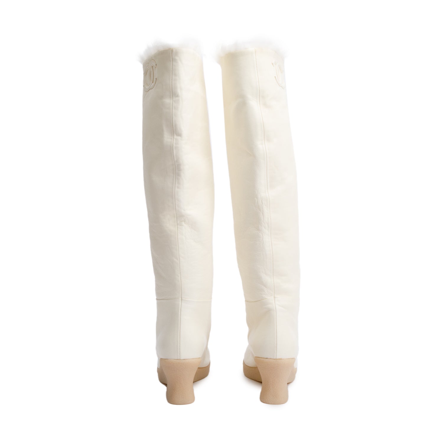 Chanel White Leather Faux Fur Interlocking CC Logo High Boots, Size 36
