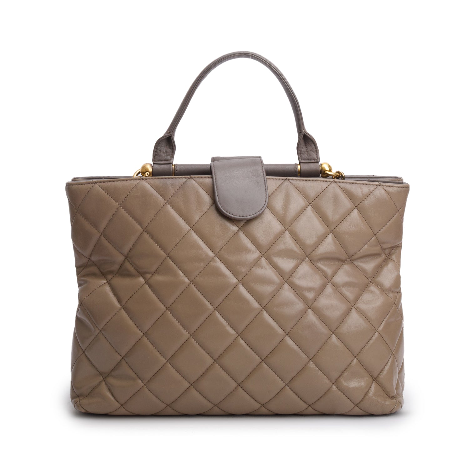 Chanel Grey Calfskin Quilted Large Gold Bar Top Handle Tote