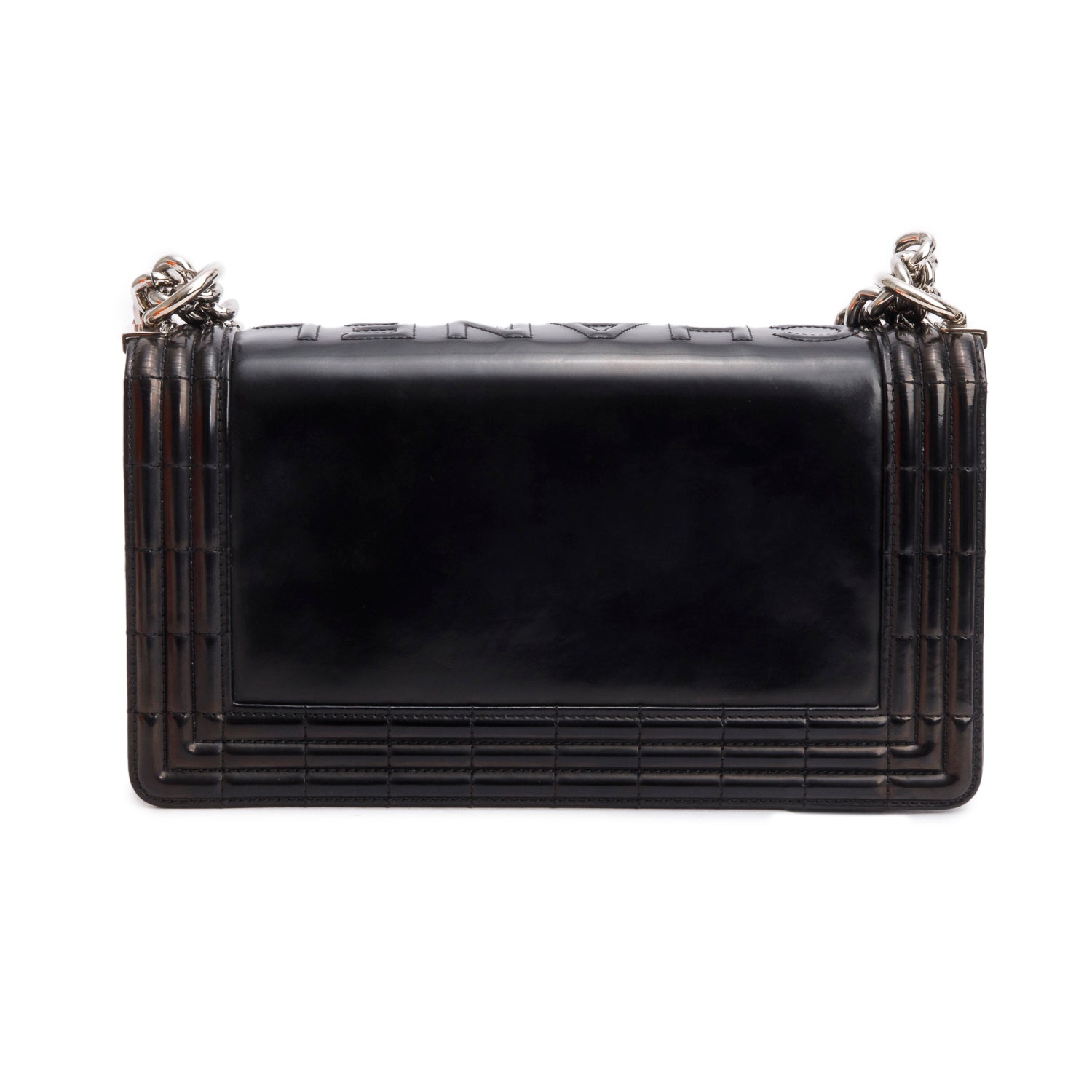 Chanel Black Patent Leather Original Clasp Medium Boy Flap Bag w/ Authenticity Card