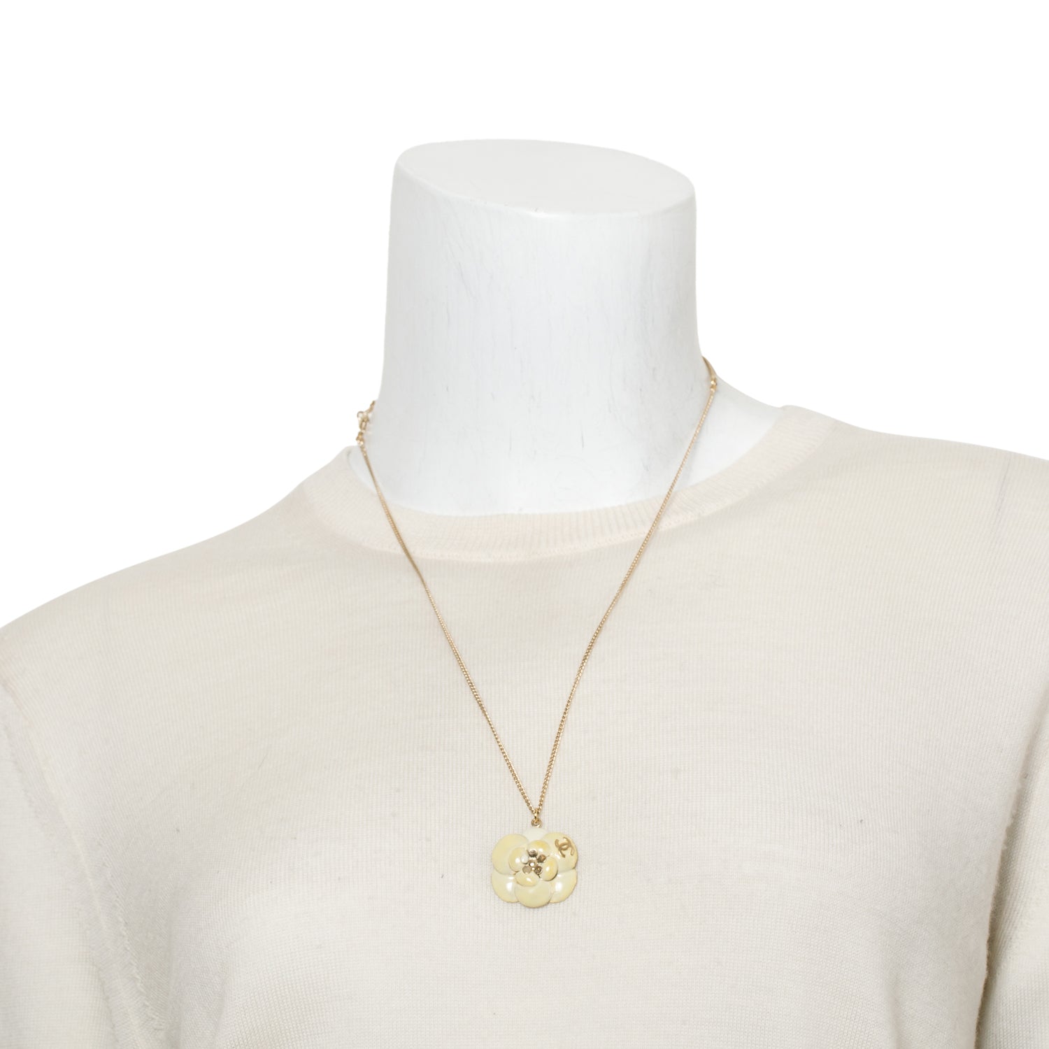 Chanel Gold-Plated Metal Ivory Enamel CC Camellia Pendant Necklace w/ Box