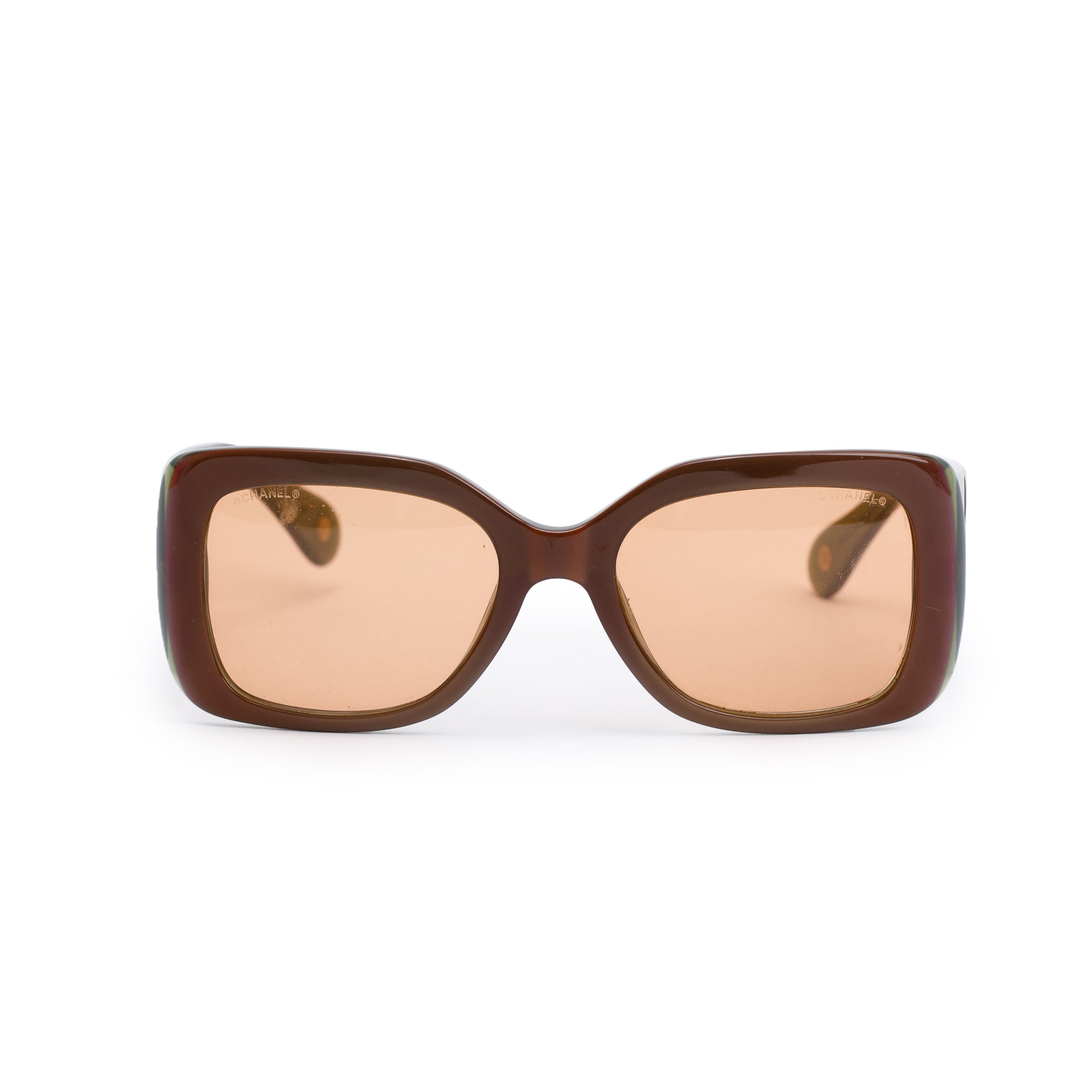 Chanel 5019 Green/Brown Iridescent Acetate CC Logo Quilted Square Sunglasses w/ Case