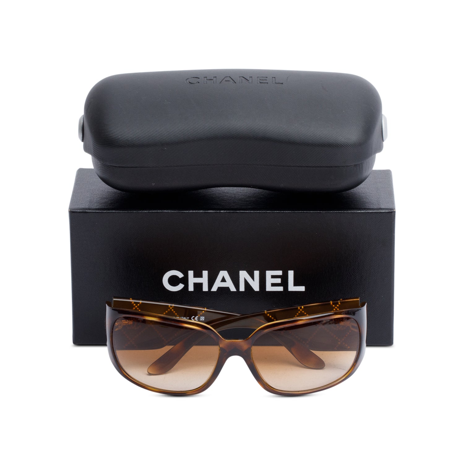 Chanel 5080-B Brown Havana Acetate Quilted Crystal CC Rectangle Sunglasses w/ Box & Case