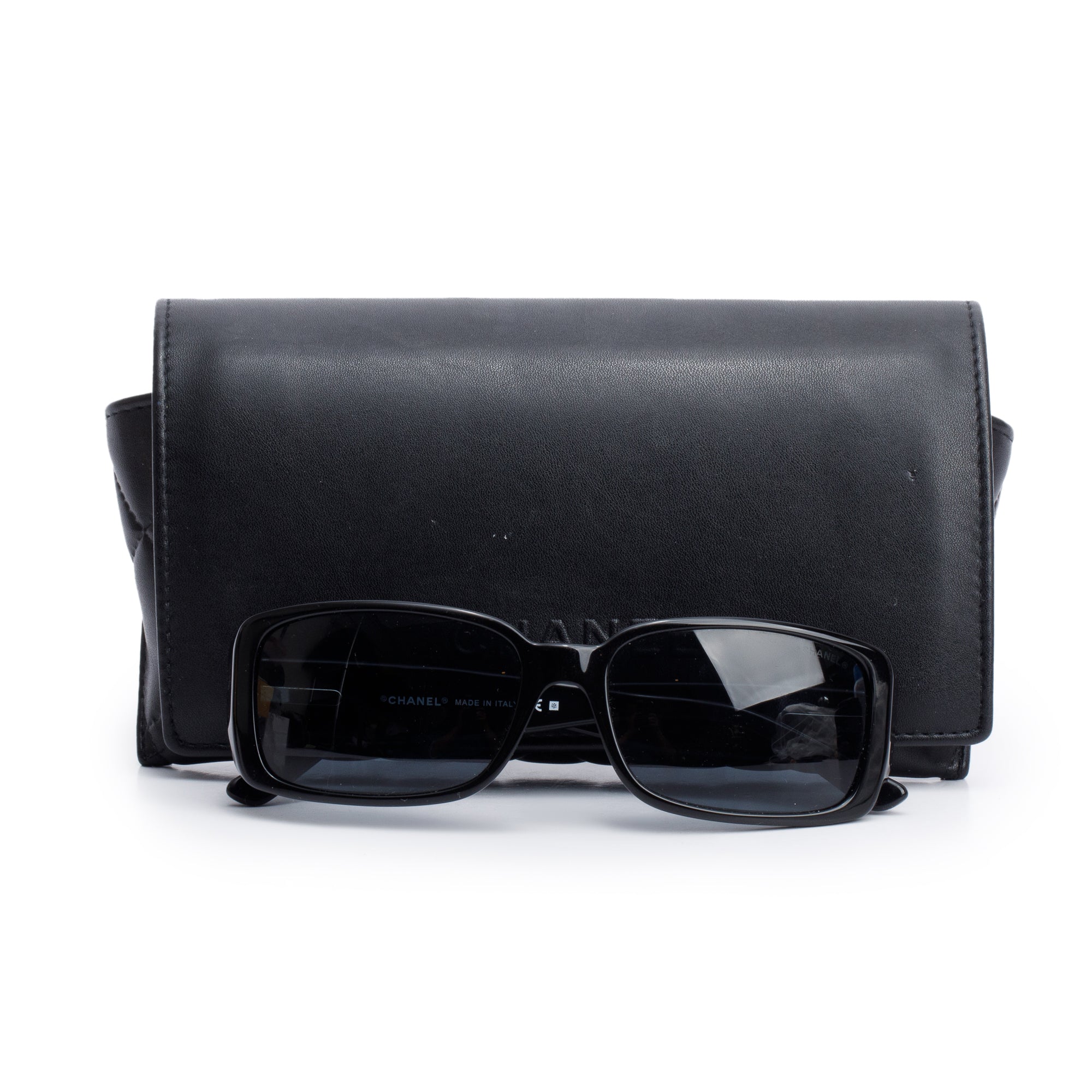 Chanel 5111 Black Quilted Acetate White CC Rectangle Sunglasses w/ Case
