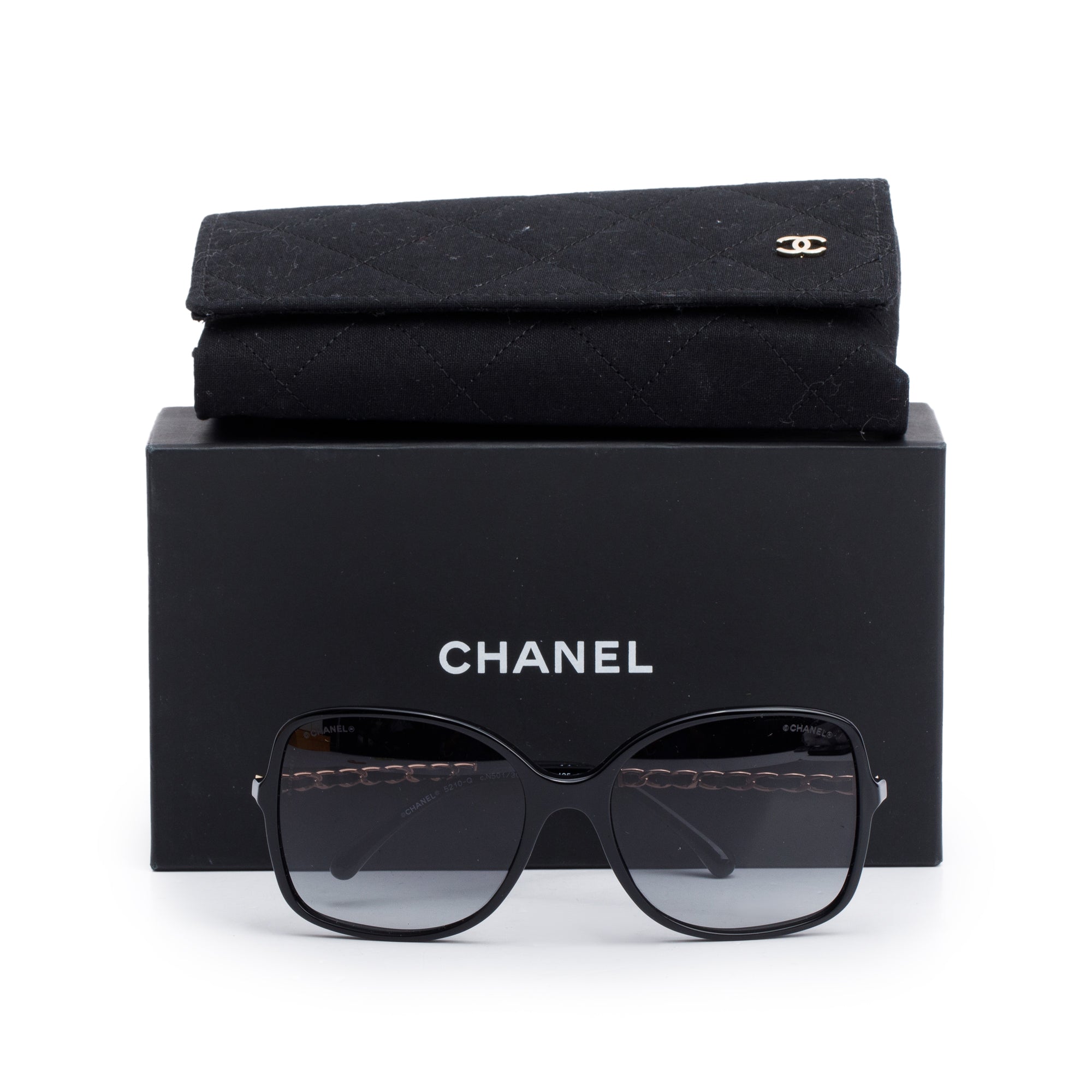 Chanel 5210-Q Chain Link Leather Interlocking CC Accent Square Sunglasses w/ Box & Case