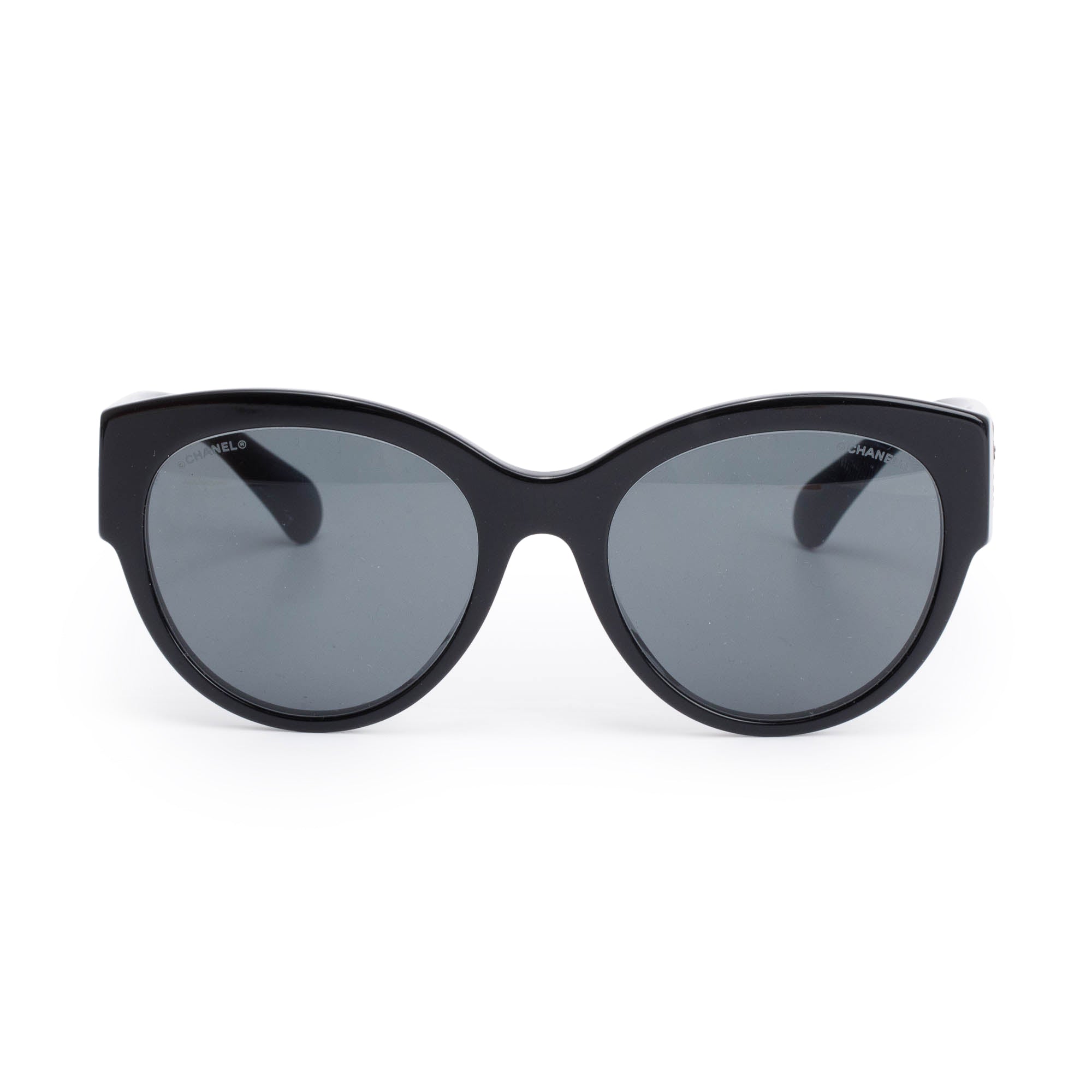 Chanel 5498-B-A Black Acetate Strass CC Logo Round Sunglasses w/ Case