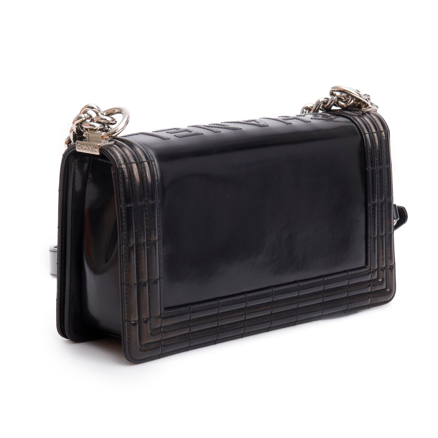 Chanel Black Patent Leather Original Clasp Medium Boy Flap Bag w/ Authenticity Card