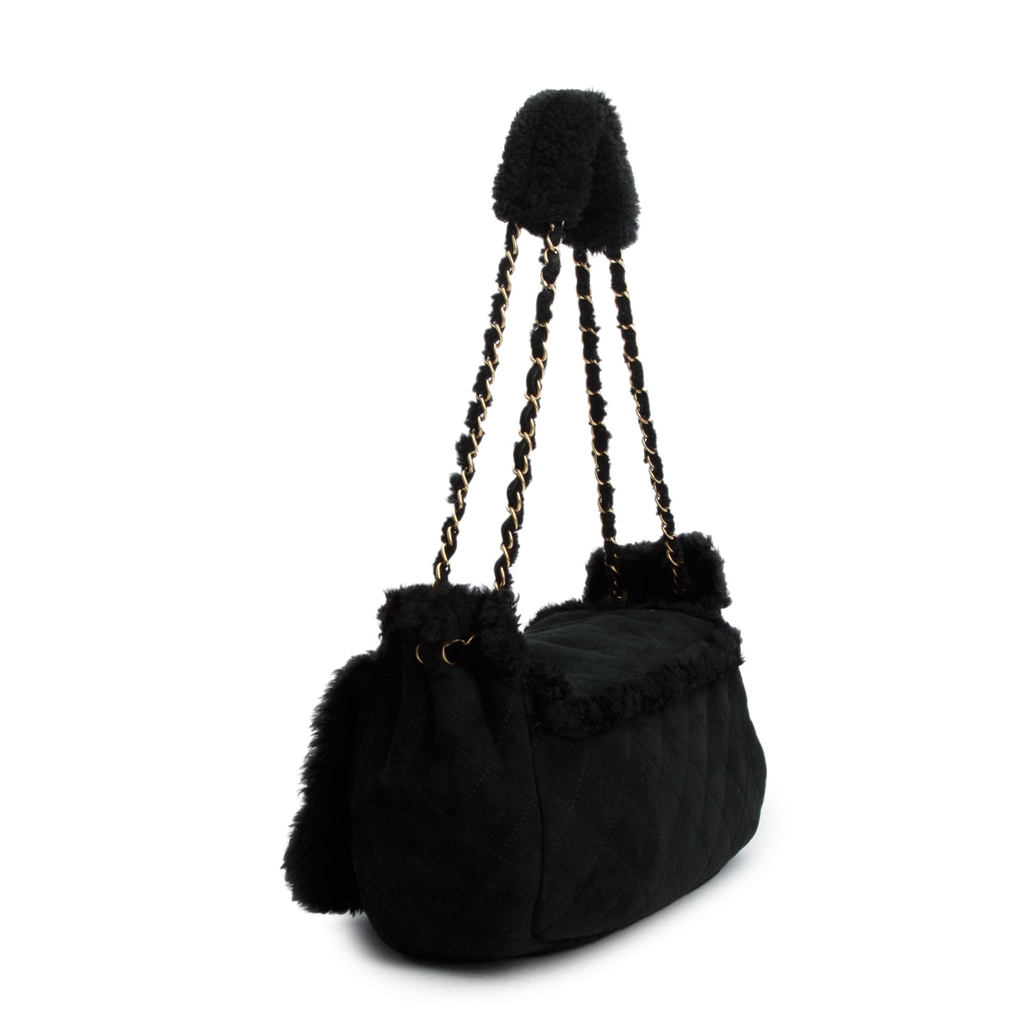 Chanel Black Quilted Nubuck Shearling CC Flap Bag