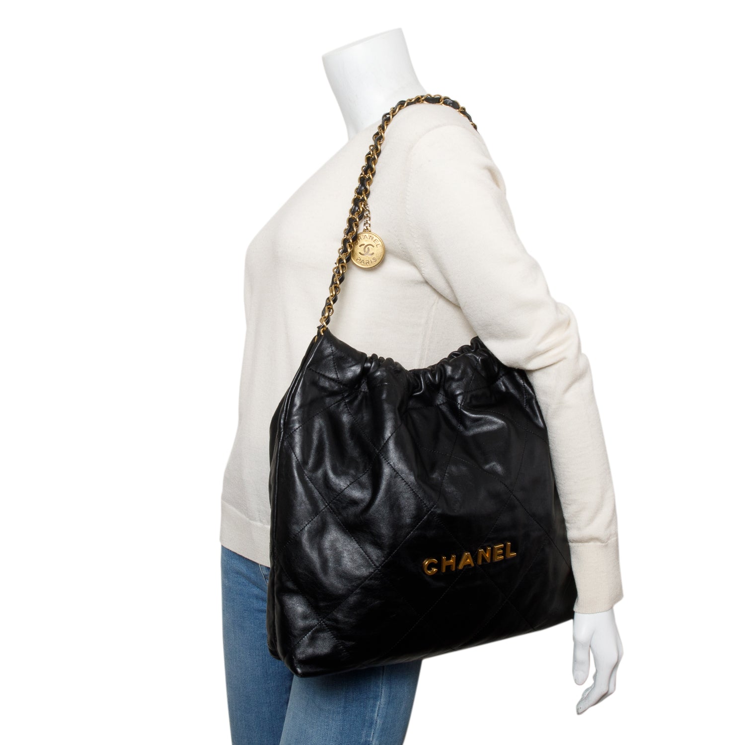 Chanel Black Shiny Calfskin Leather Small Chanel 22 Hobo w/ Pouch