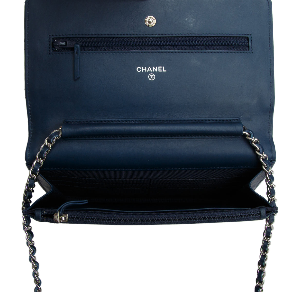 Chanel Blue Patent Leather Quilted Classic Wallet on Chain