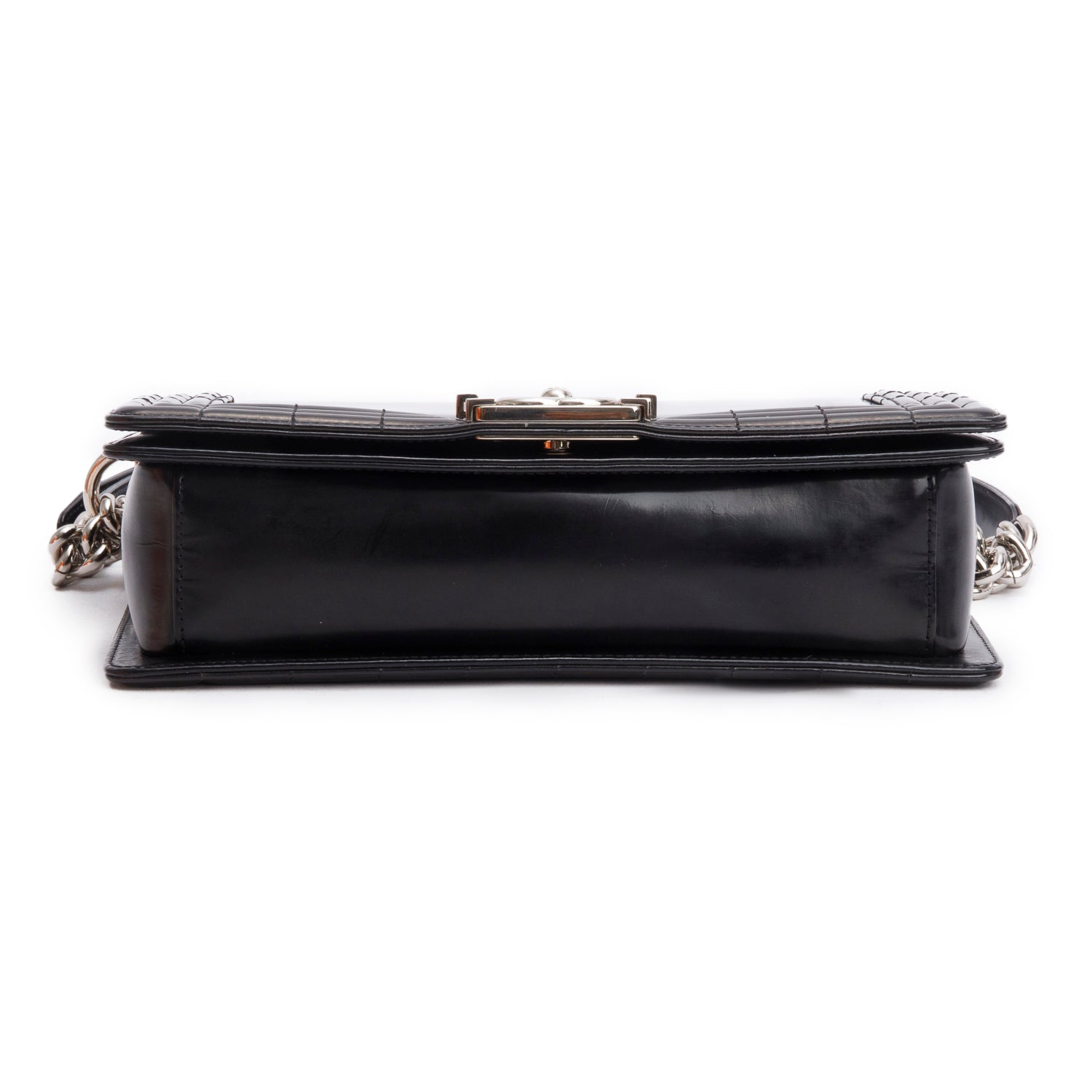 Chanel Black Patent Leather Original Clasp Medium Boy Flap Bag w/ Authenticity Card