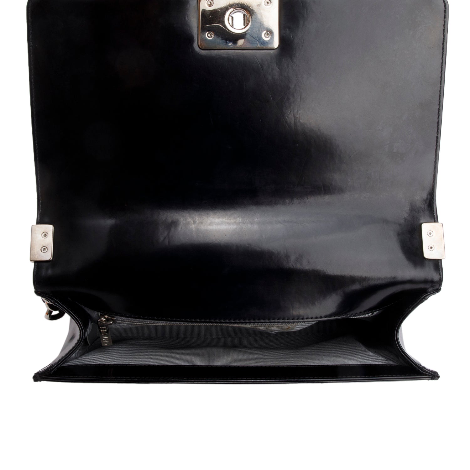 Chanel Black Patent Leather Original Clasp Medium Boy Flap Bag w/ Authenticity Card