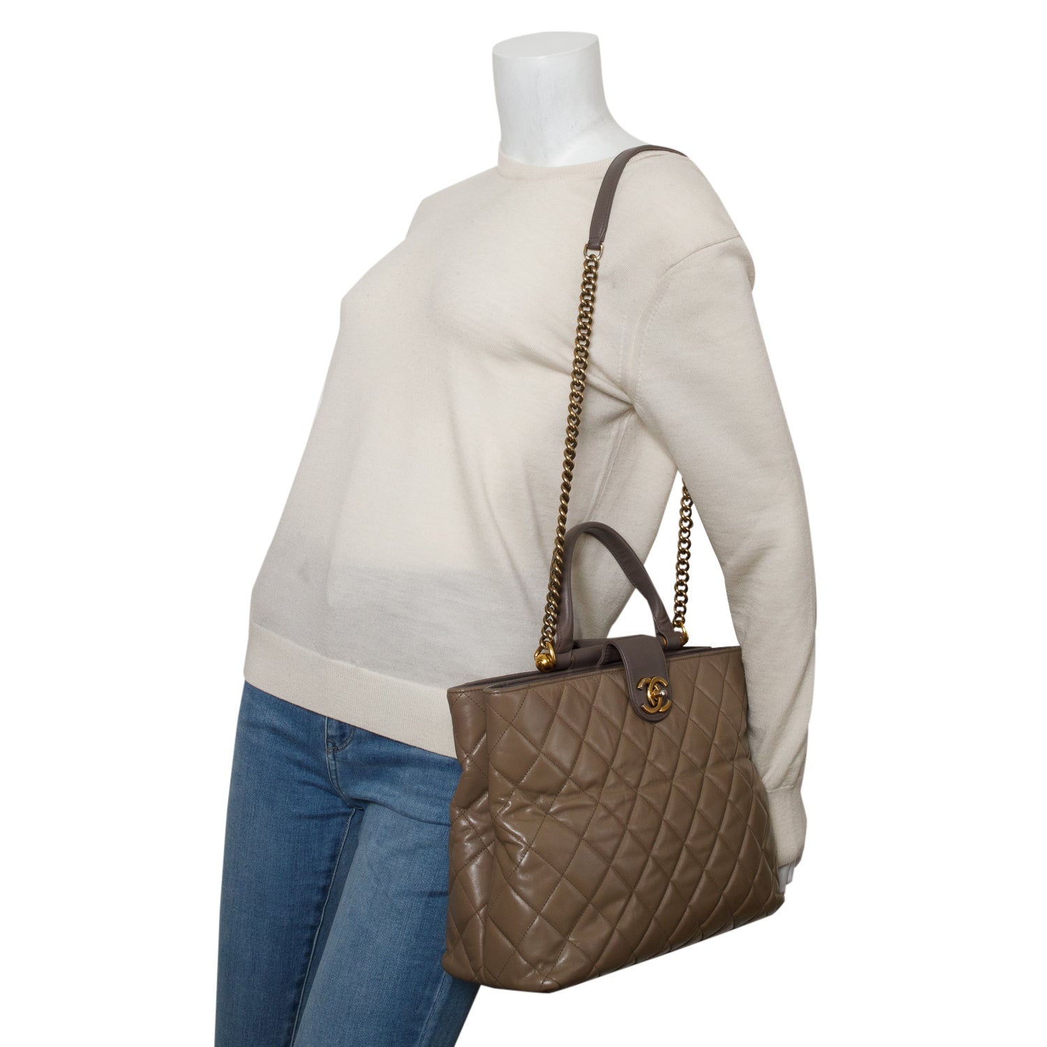 Chanel Grey Calfskin Quilted Large Gold Bar Top Handle Tote