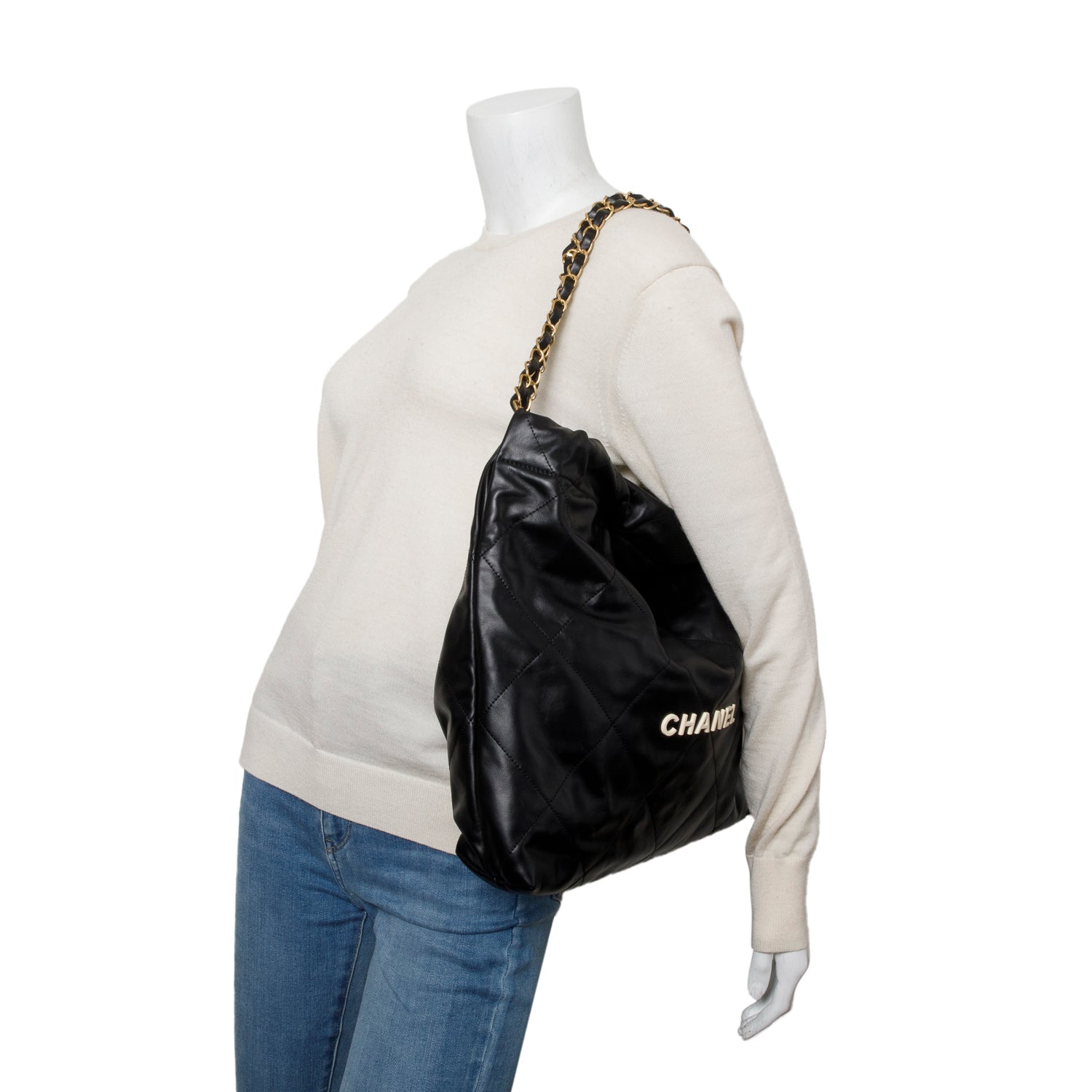 Chanel Black Calfskin Quilted Small 22 Hobo w/ Pouch