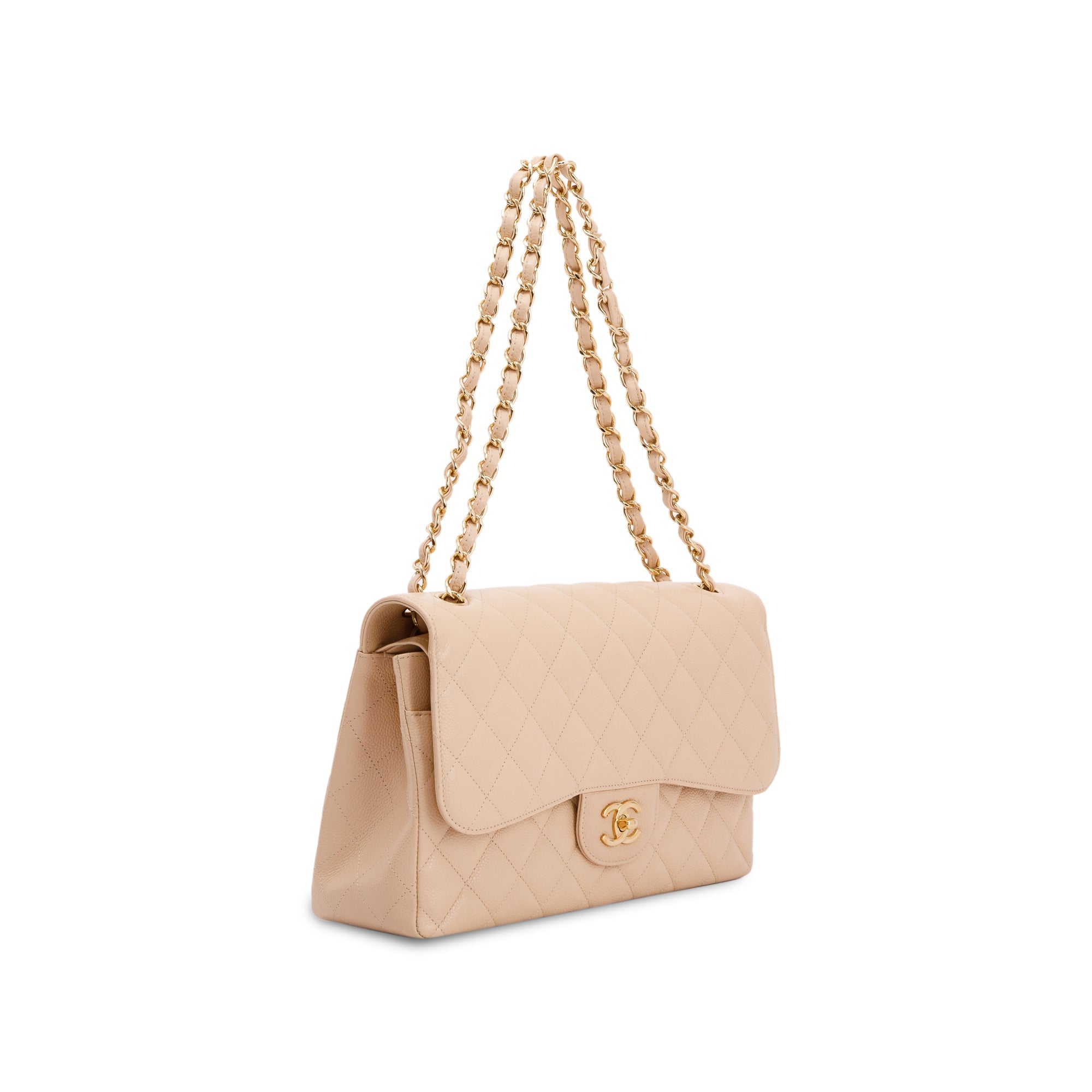 Chanel Beige Caviar Classic Jumbo Double Flap Bag w/ Authenticity Card