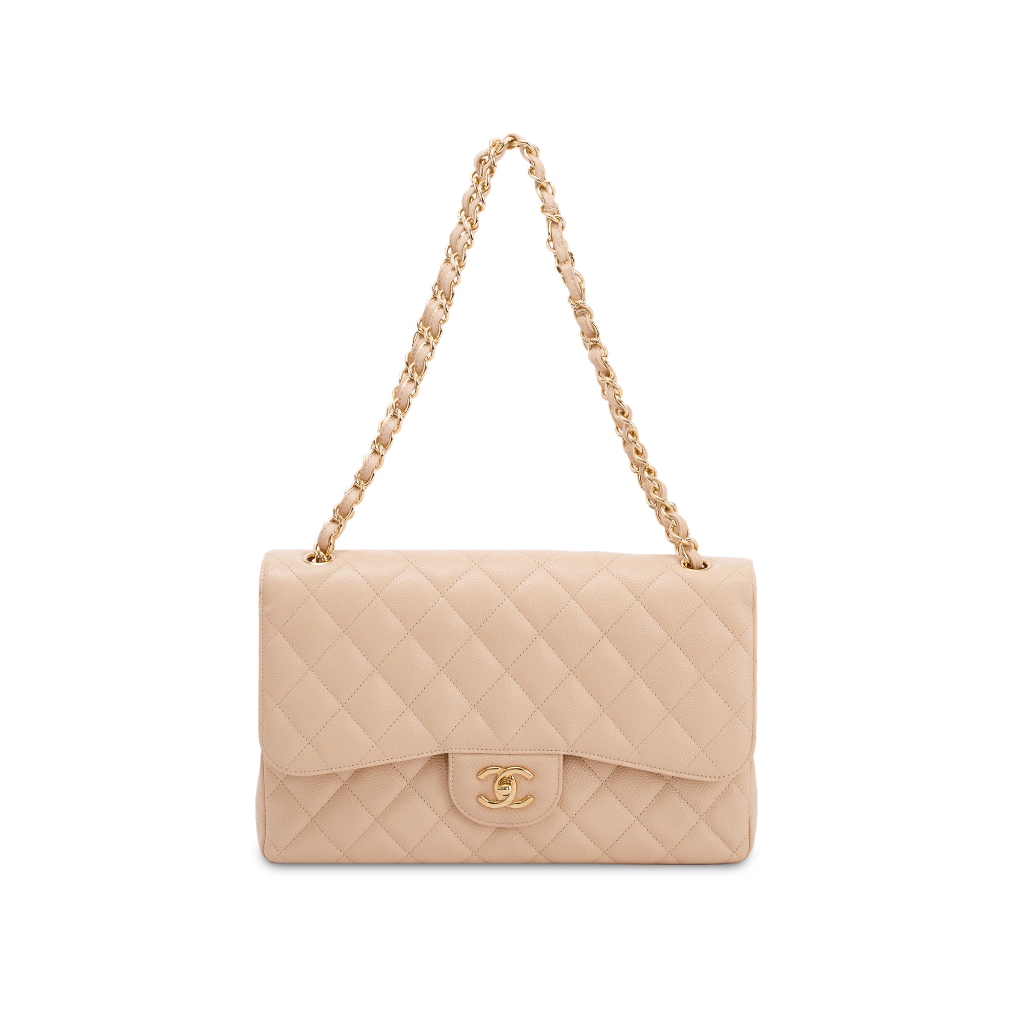 Chanel Beige Caviar Classic Jumbo Double Flap Bag w/ Authenticity Card