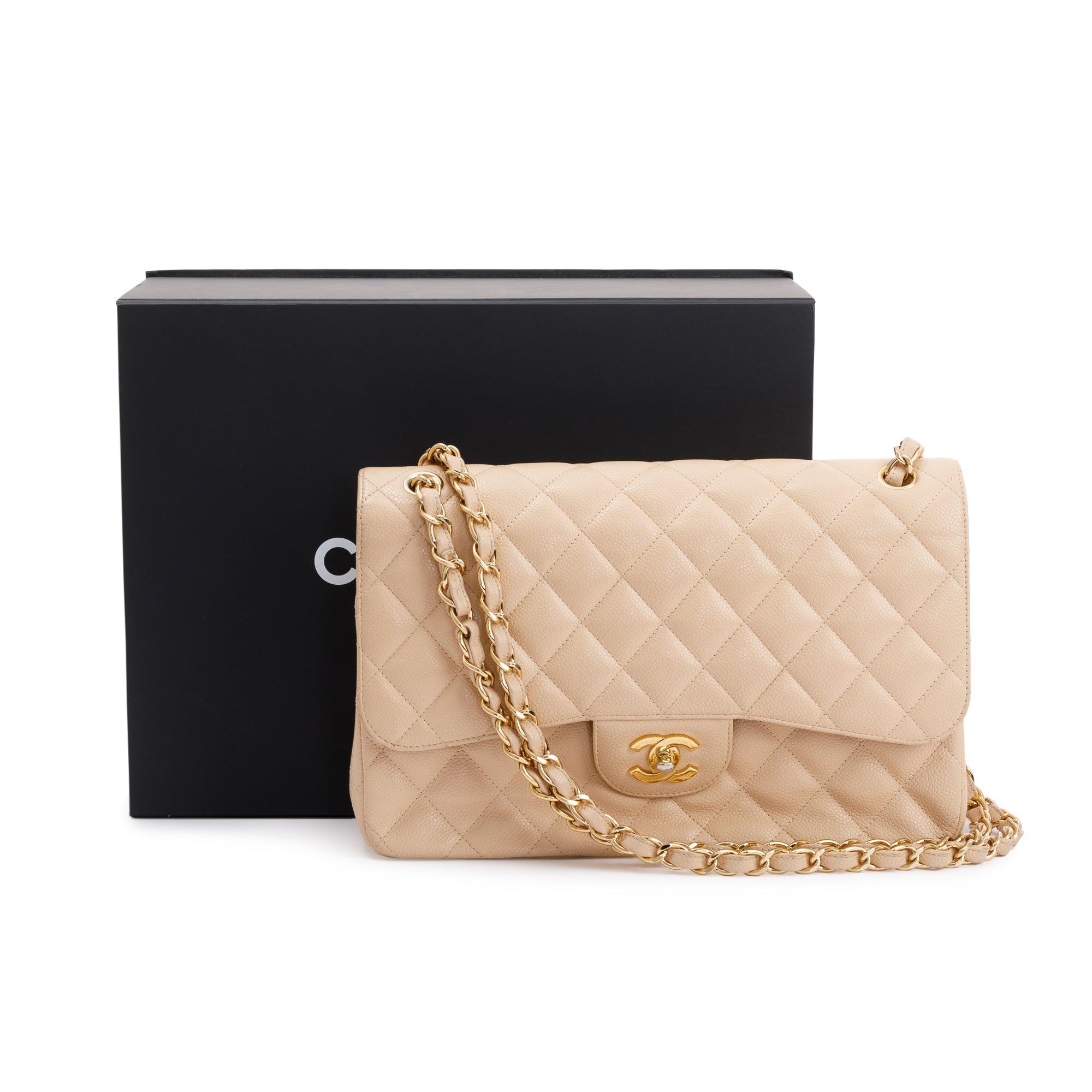 Chanel Beige Caviar Classic Jumbo Double Flap Bag w/Box