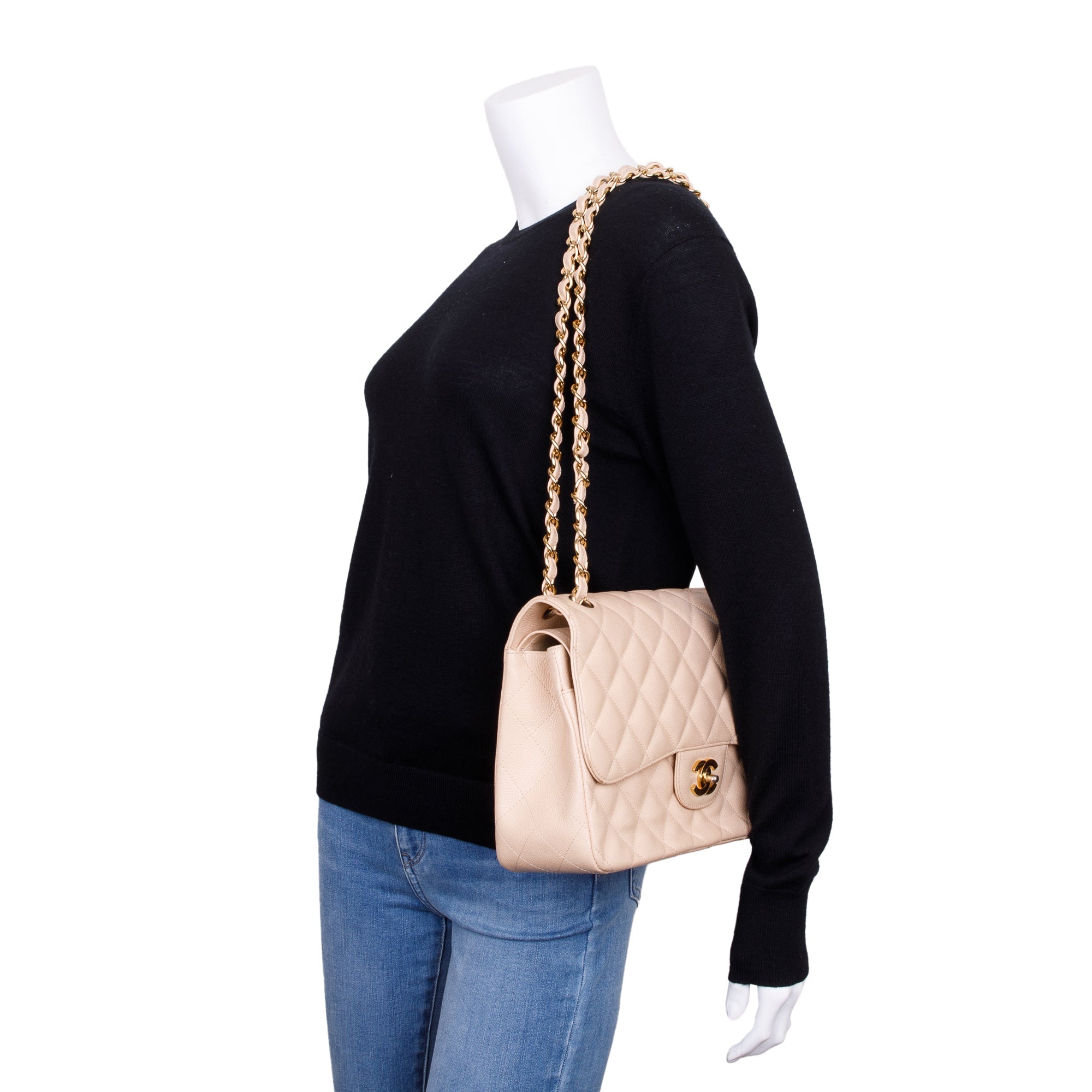 Chanel Beige Caviar Classic Jumbo Double Flap Bag w/Box