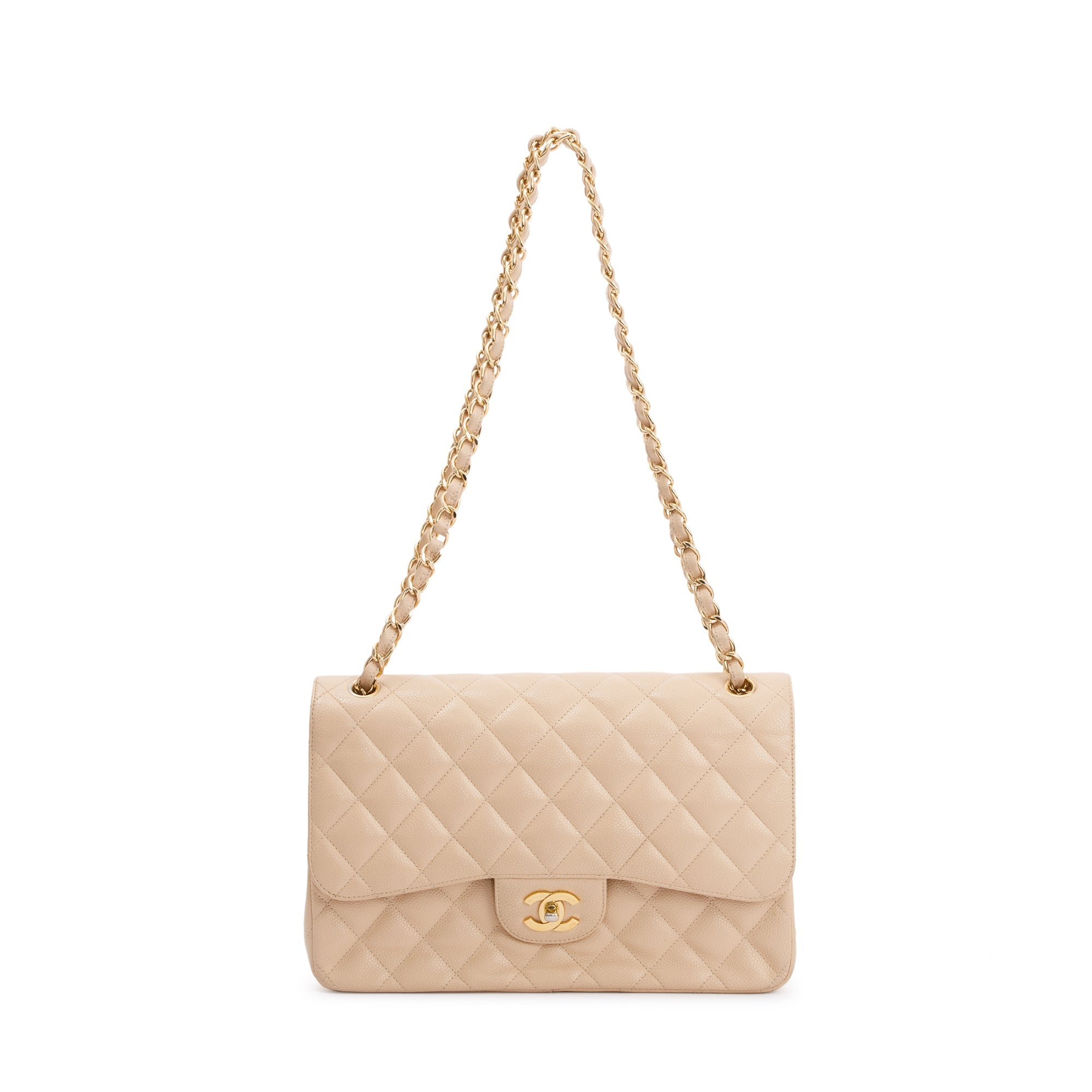 Chanel Beige Caviar Classic Jumbo Double Flap Bag w/Box