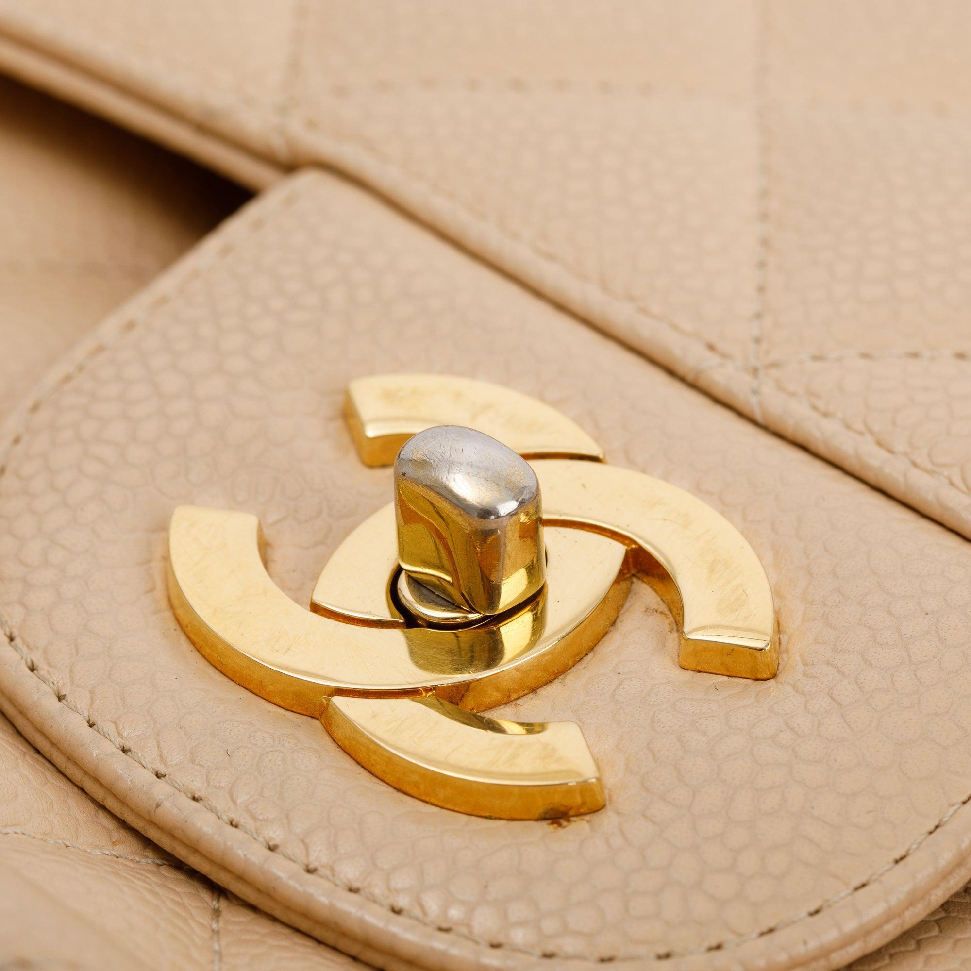Chanel Beige Caviar Classic Jumbo Double Flap Bag w/Box