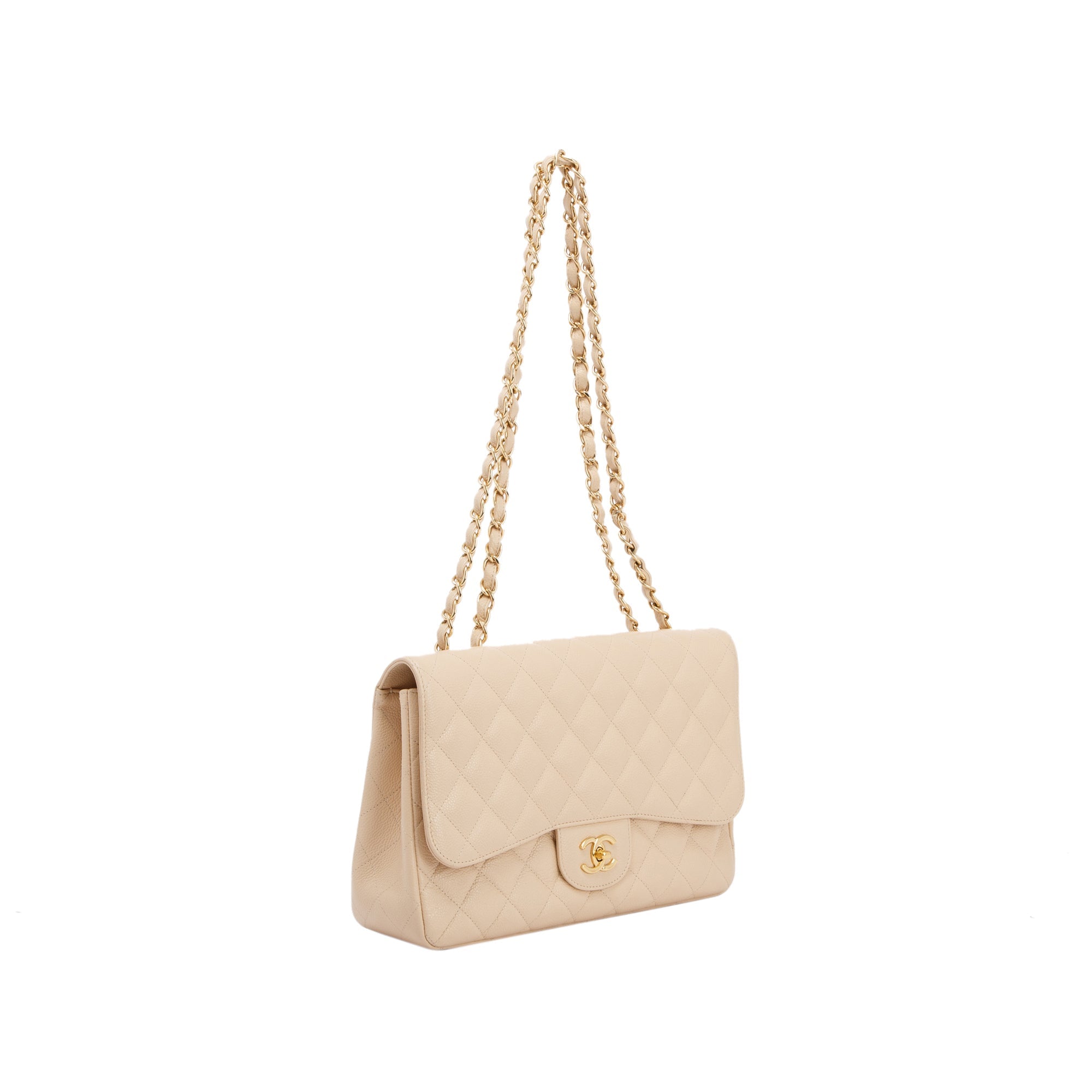 Chanel Beige Caviar Classic Jumbo Single Flap Bag w/ Authenticity Card