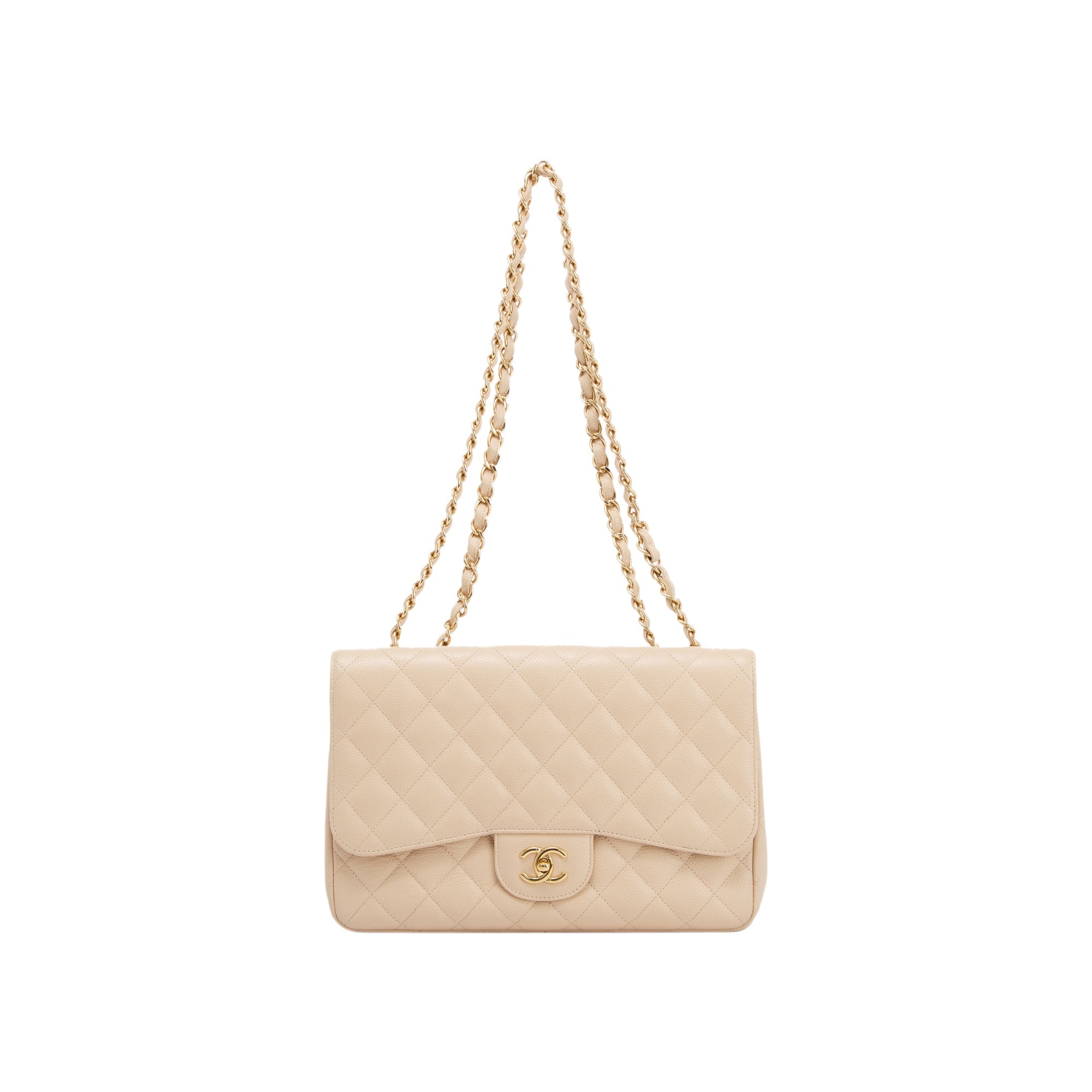 Chanel Beige Caviar Classic Jumbo Single Flap Bag w/ Authenticity Card