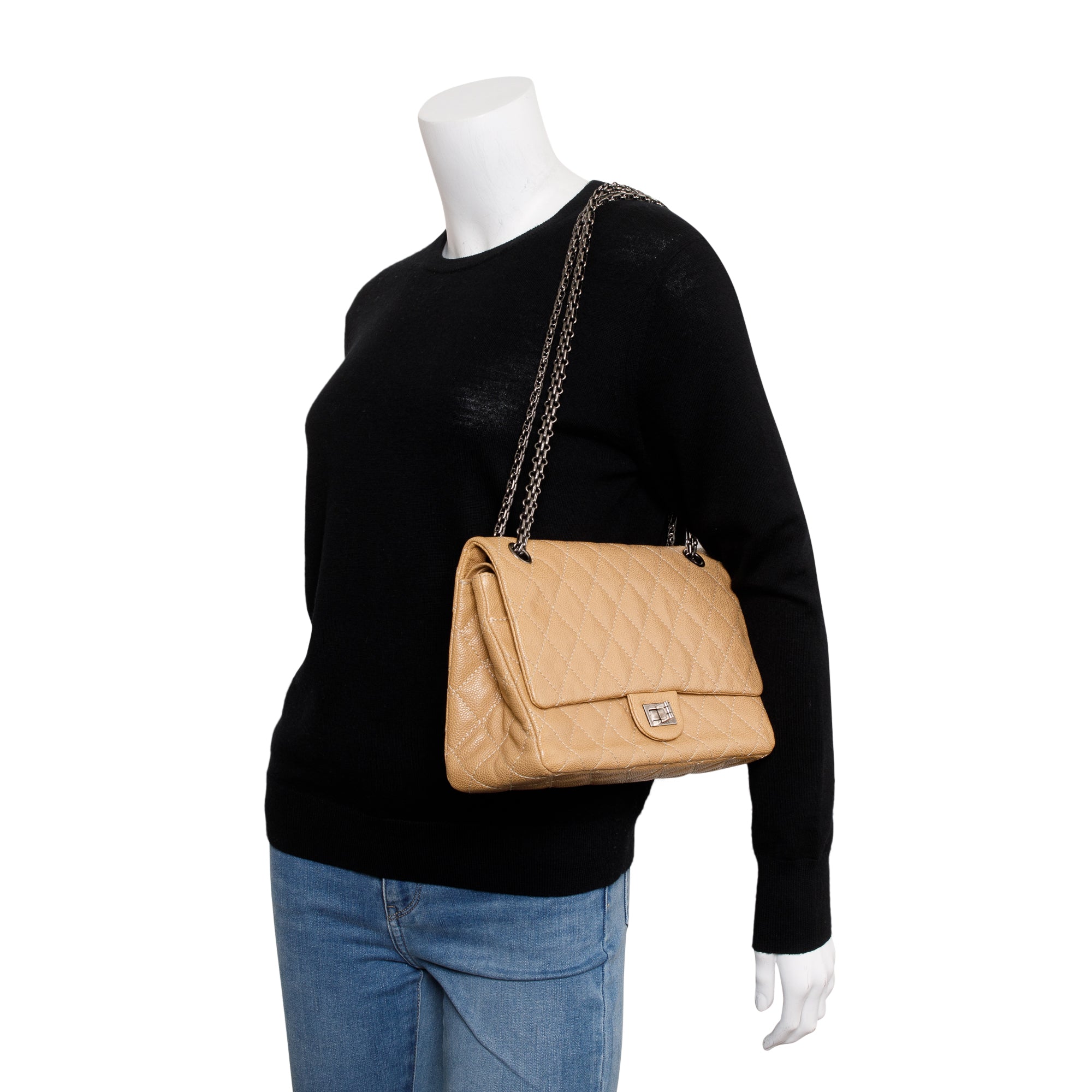 Chanel Beige Caviar Leather 2.55 Reissue 226 Double Flap Bag w/ Box & Authenticity Card